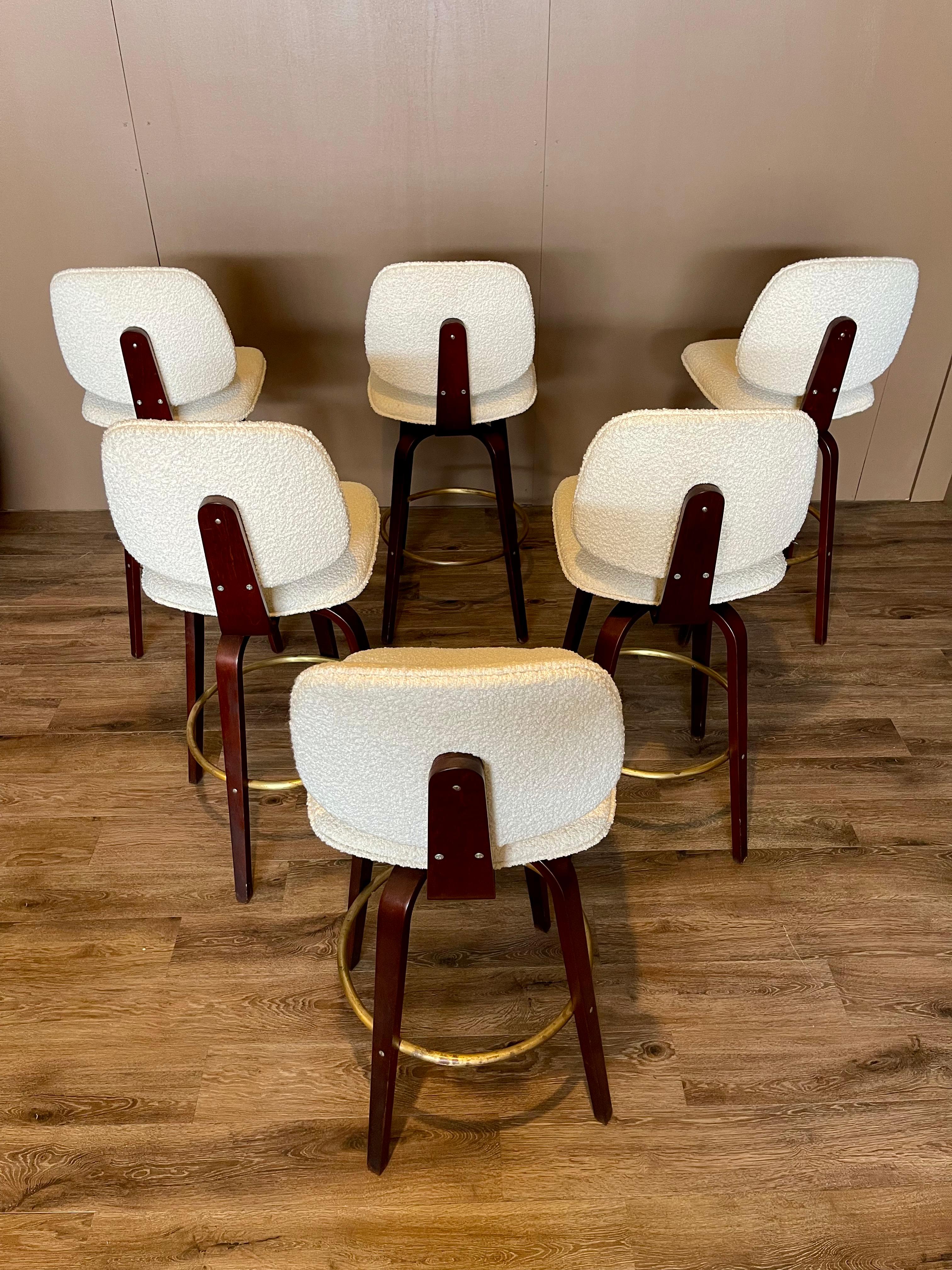American Mid Century Thonet Walnut and Boucle Swivel Barstools, set of 6 For Sale