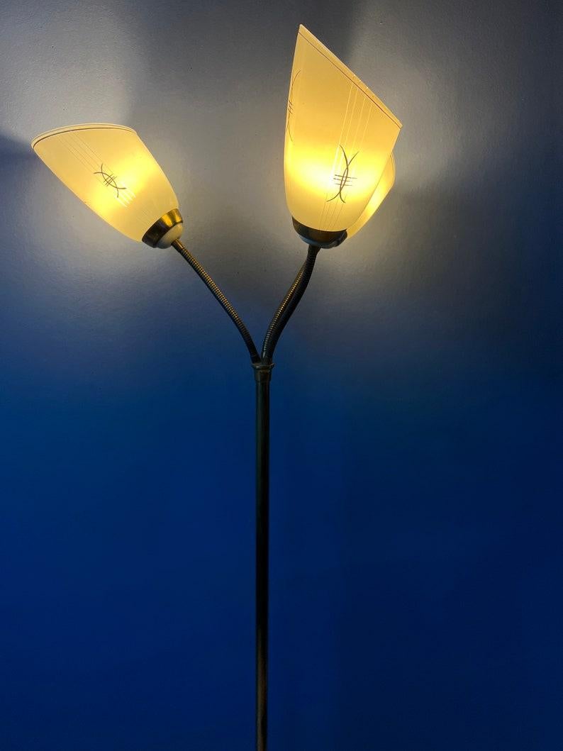 Mid Century Three Arm Brass Floor Lamp with Glass Cones, 1970s In Good Condition In ROTTERDAM, ZH