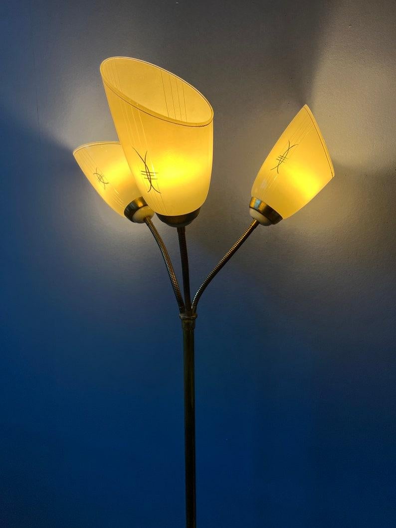 20th Century Mid Century Three Arm Brass Floor Lamp with Glass Cones, 1970s For Sale