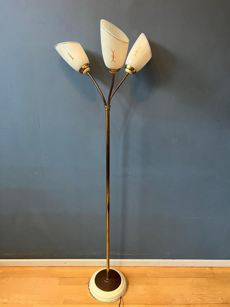 Metal Mid Century Three Arm Brass Floor Lamp with Glass Cones, 1970s For Sale