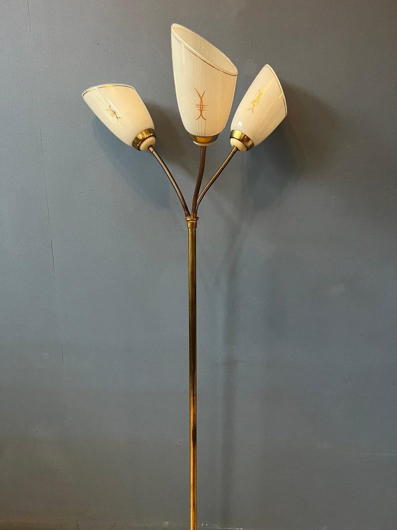 Mid Century Three Arm Brass Floor Lamp with Glass Cones, 1970s 1
