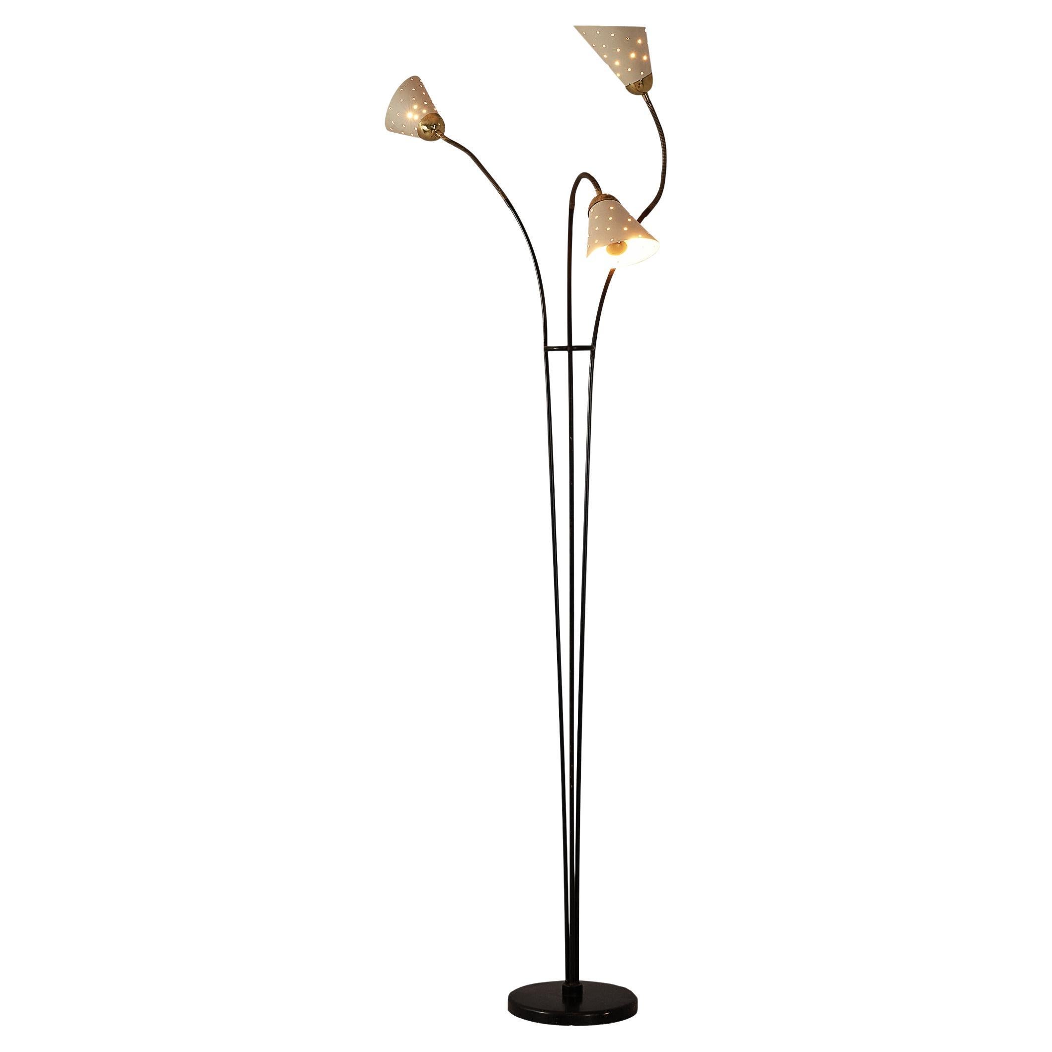 Mid-Century Modern Three-Armed Floor Lamp in Brass with Perforated Shades