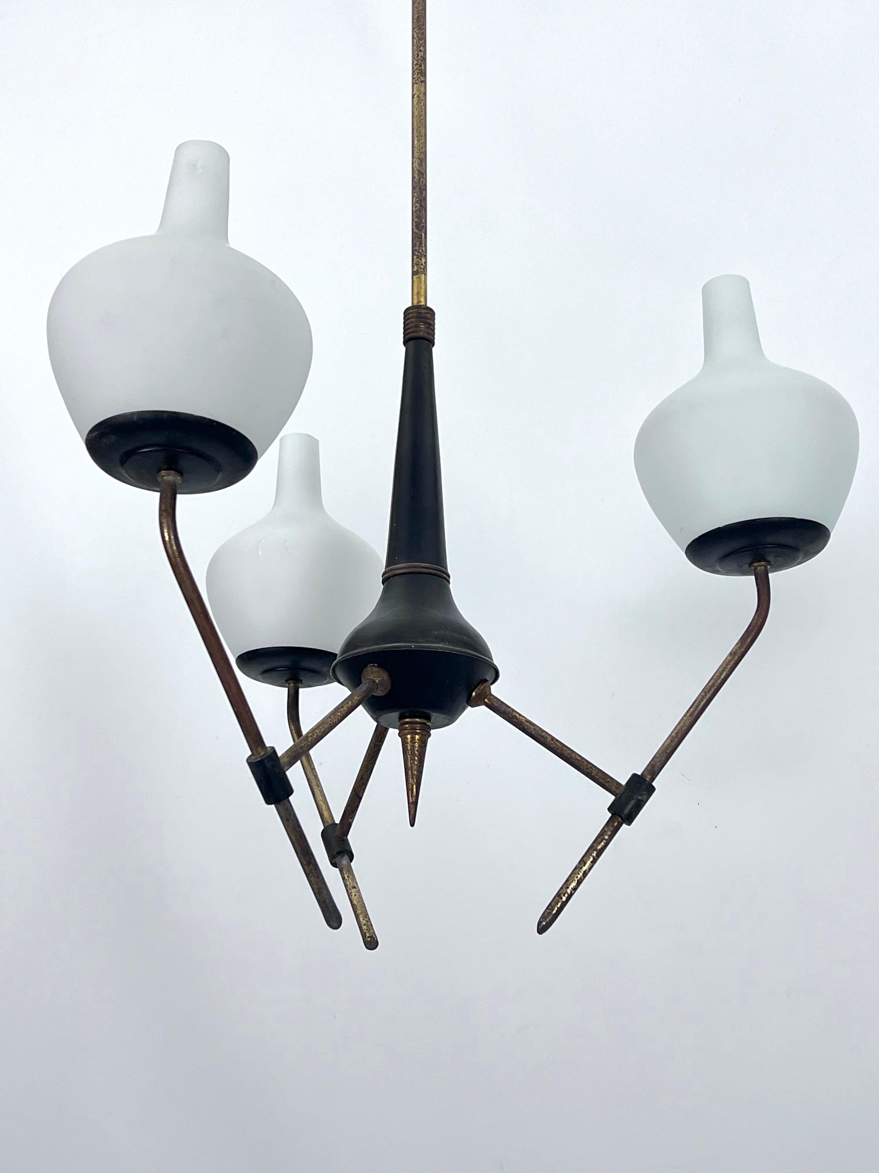 Mid-Century Modern Mid-Century three arms chandelier in Stilnovo manner. Italy 1950s For Sale