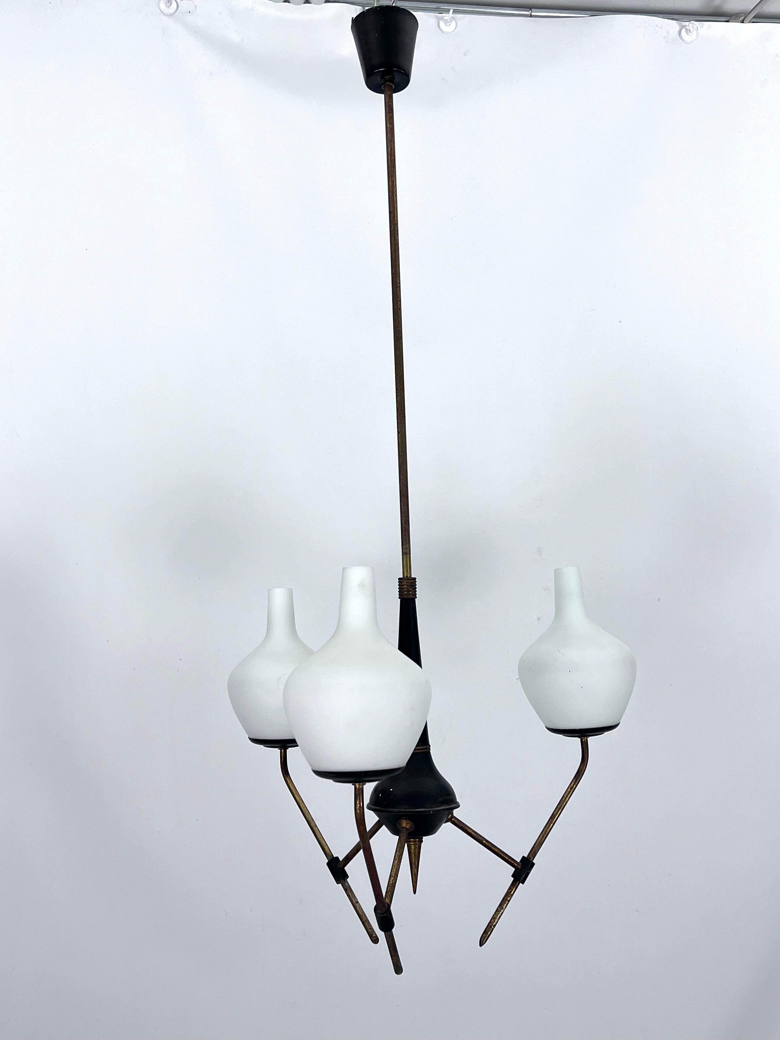 20th Century Mid-Century three arms chandelier in Stilnovo manner. Italy 1950s For Sale