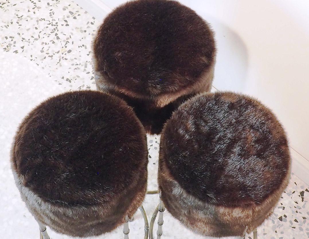 Mid Century Three Brass Stools with Faux Fur by Maison Jansen, France, 1970s 4