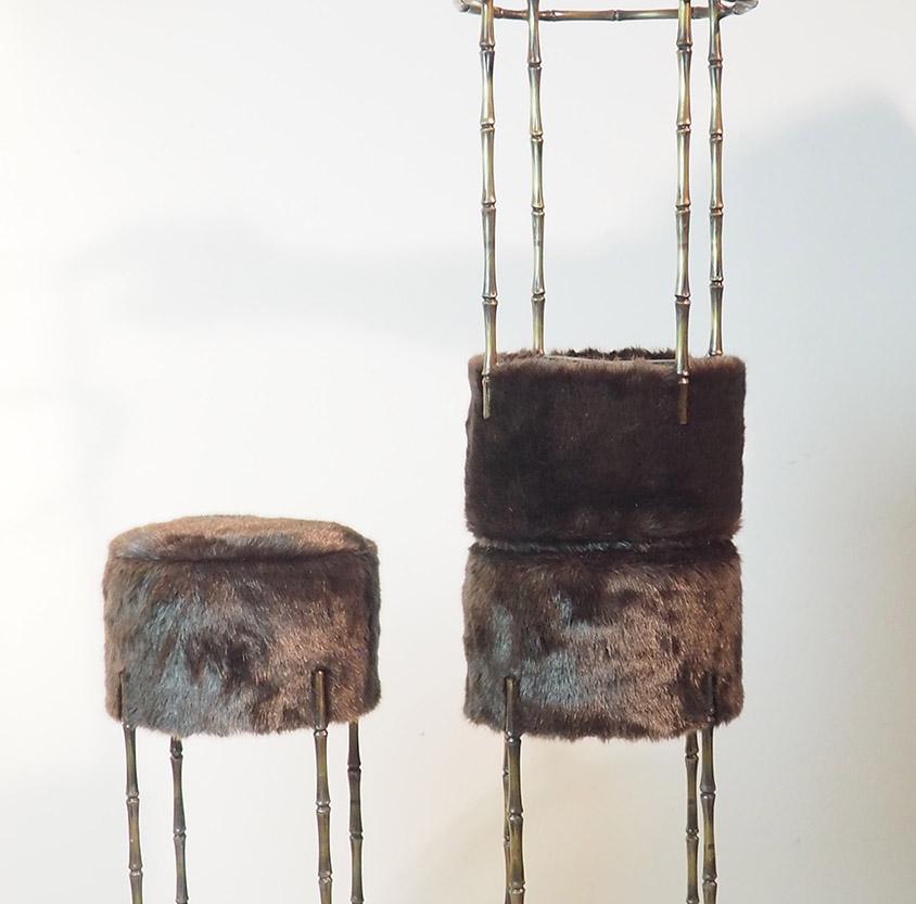 Mid Century Three Brass Stools with Faux Fur by Maison Jansen, France, 1970s 6