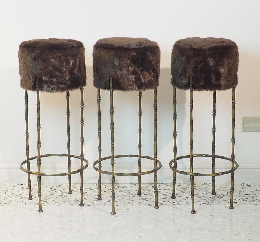Mid-Century Modern Mid Century Three Brass Stools with Faux Fur by Maison Jansen, France, 1970s