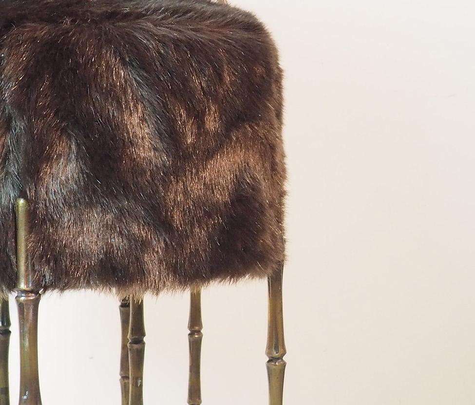 Italian Mid Century Three Brass Stools with Faux Fur by Maison Jansen, France, 1970s