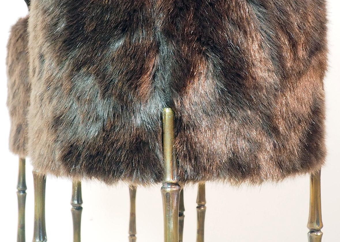 Mid Century Three Brass Stools with Faux Fur by Maison Jansen, France, 1970s 1