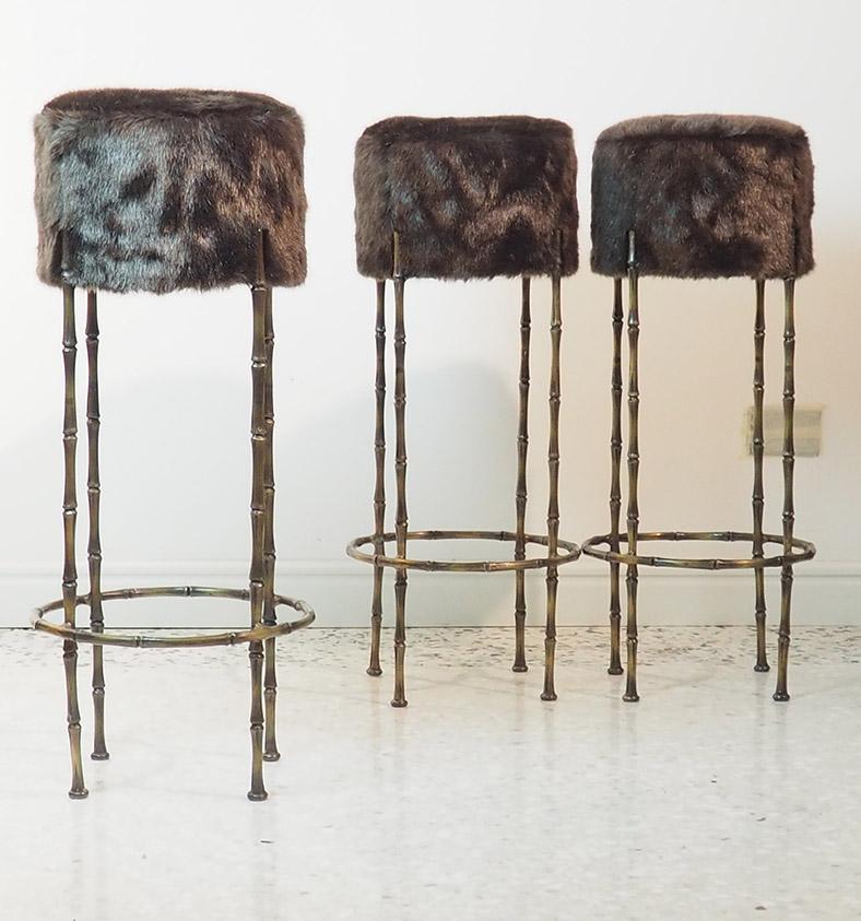Mid Century Three Brass Stools with Faux Fur by Maison Jansen, France, 1970s 2