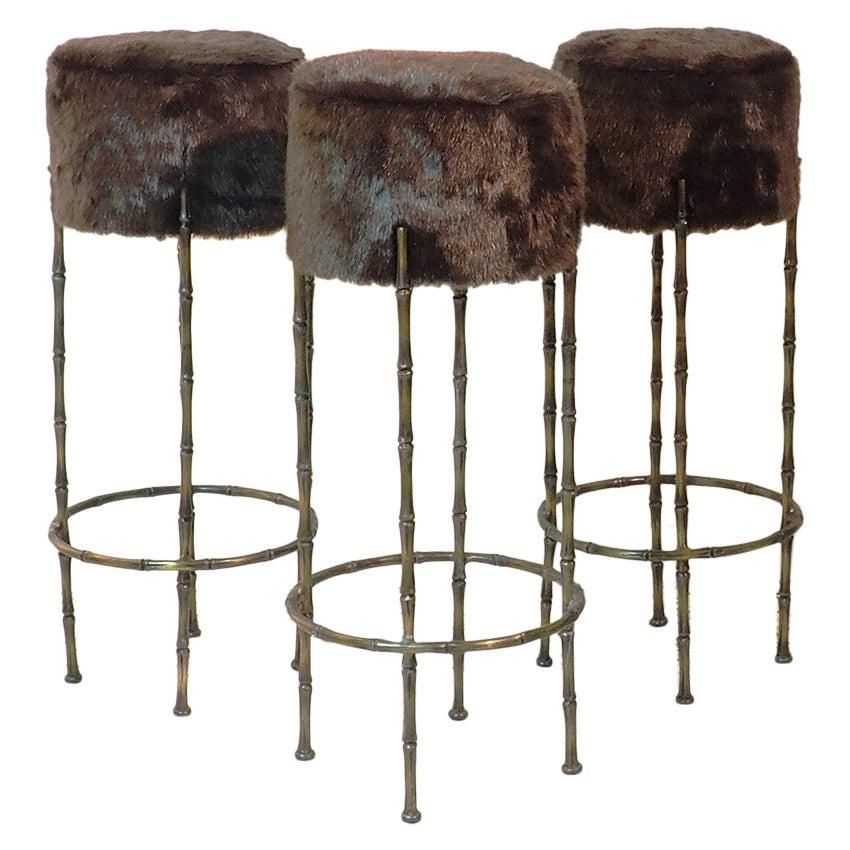 Mid Century Three Brass Stools with Faux Fur by Maison Jansen, France, 1970s