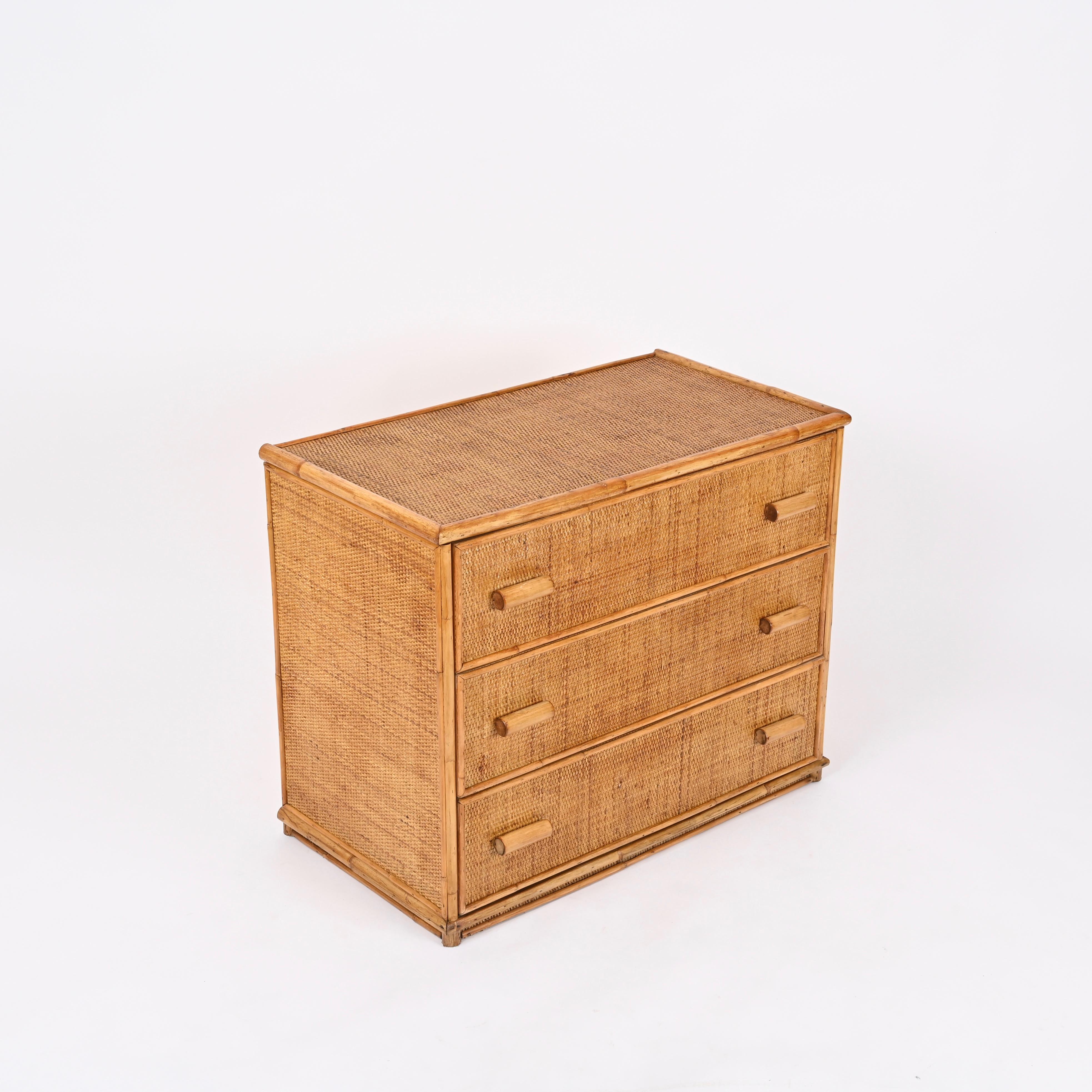 Mid-Century Three Drawers Chest in Rattan and Bamboo, Italy, 1970s 3