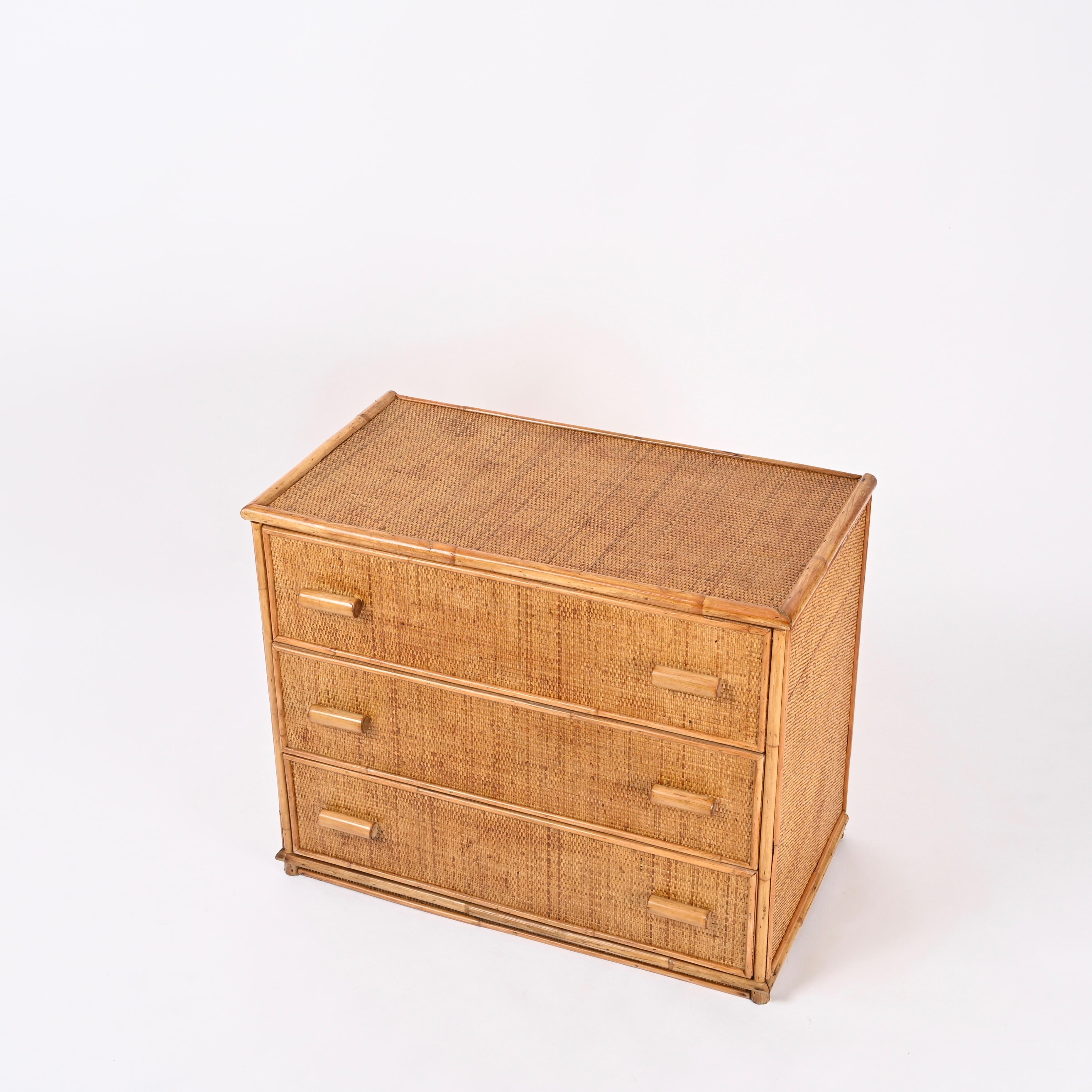 Mid-Century Three Drawers Chest in Rattan and Bamboo, Italy, 1970s 5