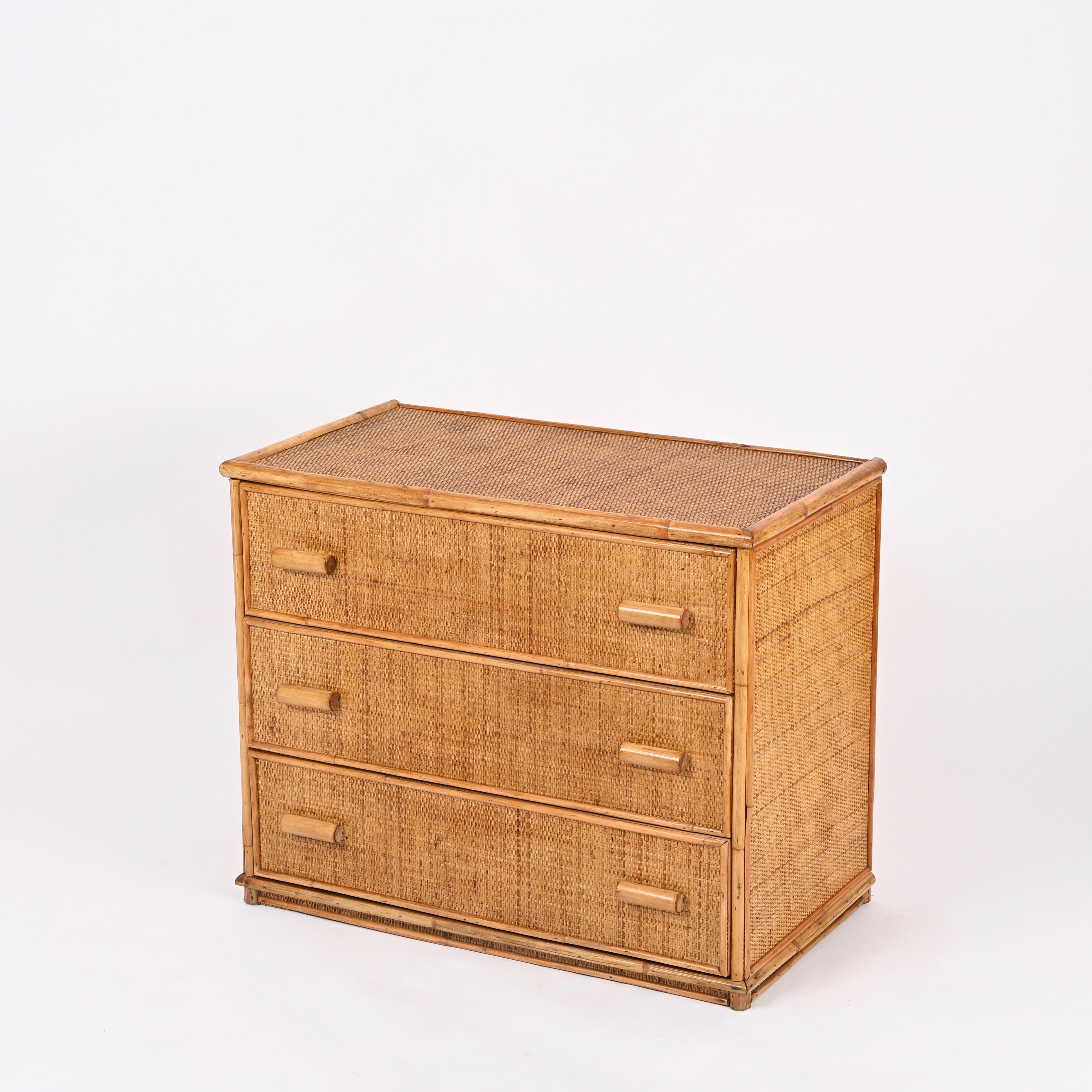 Mid-Century Three Drawers Chest in Rattan and Bamboo, Italy, 1970s 7