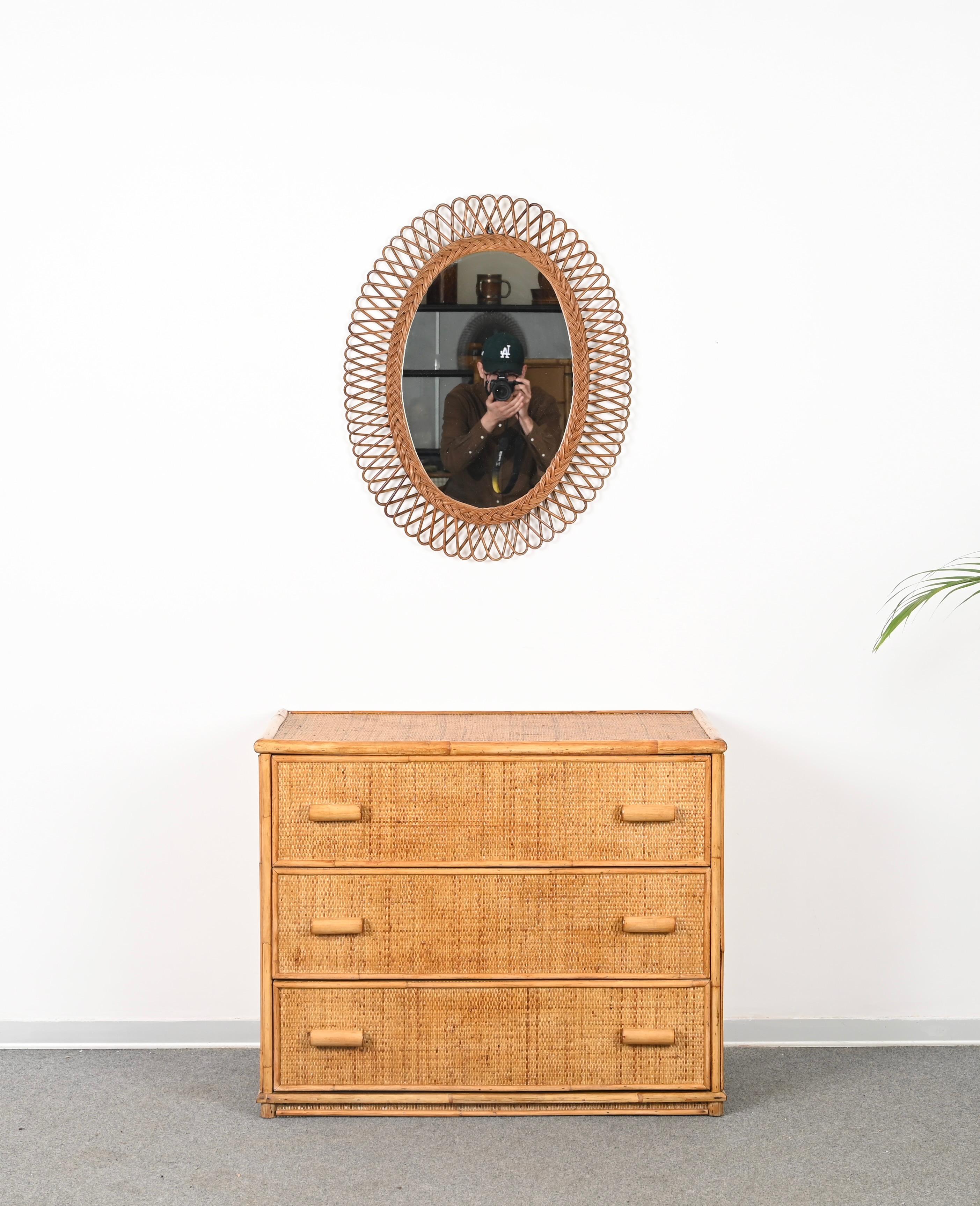 Mid-Century Modern Mid-Century Three Drawers Chest in Rattan and Bamboo, Italy, 1970s