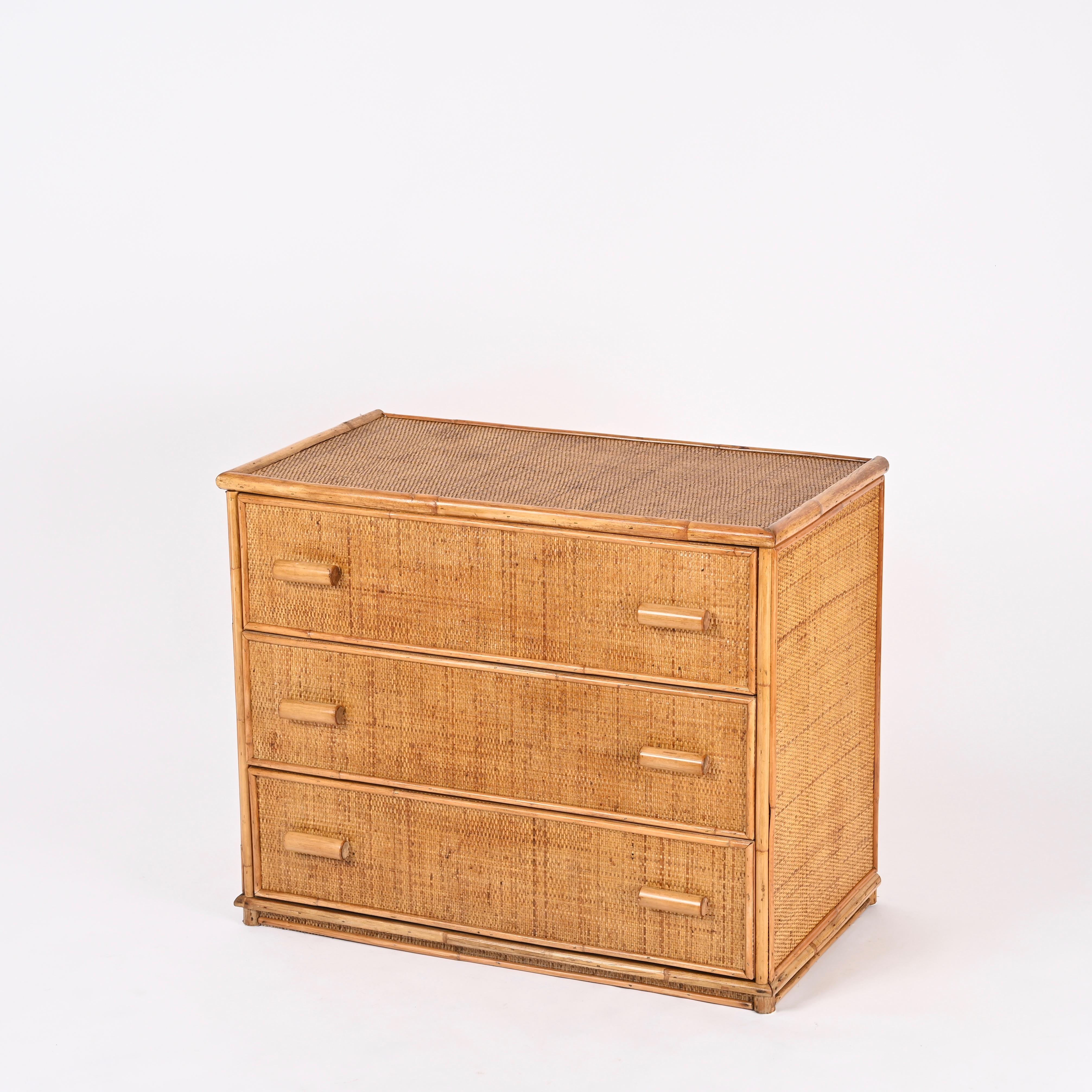 Italian Mid-Century Three Drawers Chest in Rattan and Bamboo, Italy, 1970s