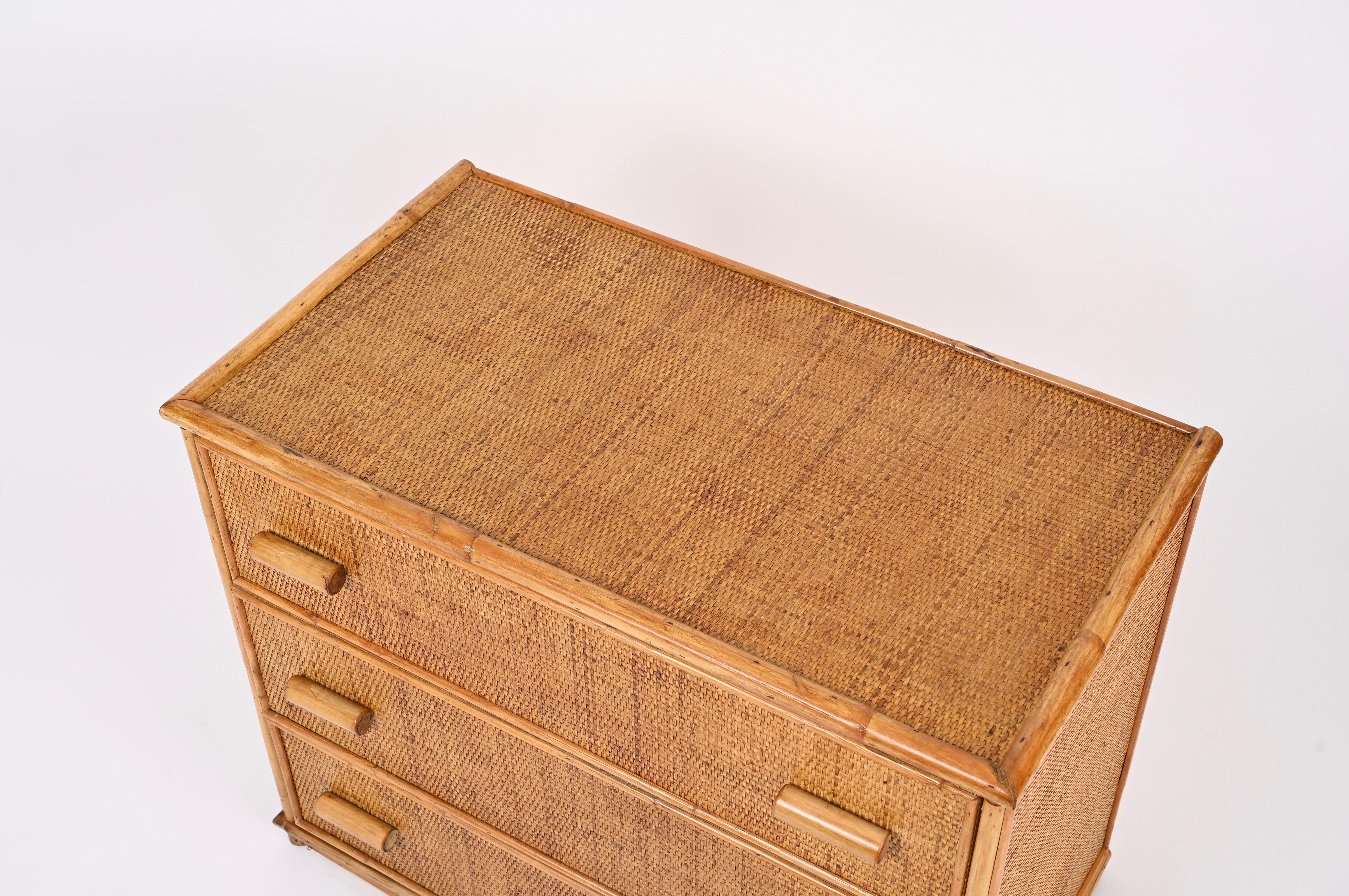 Mid-Century Three Drawers Chest in Rattan and Bamboo, Italy, 1970s In Good Condition In Roma, IT