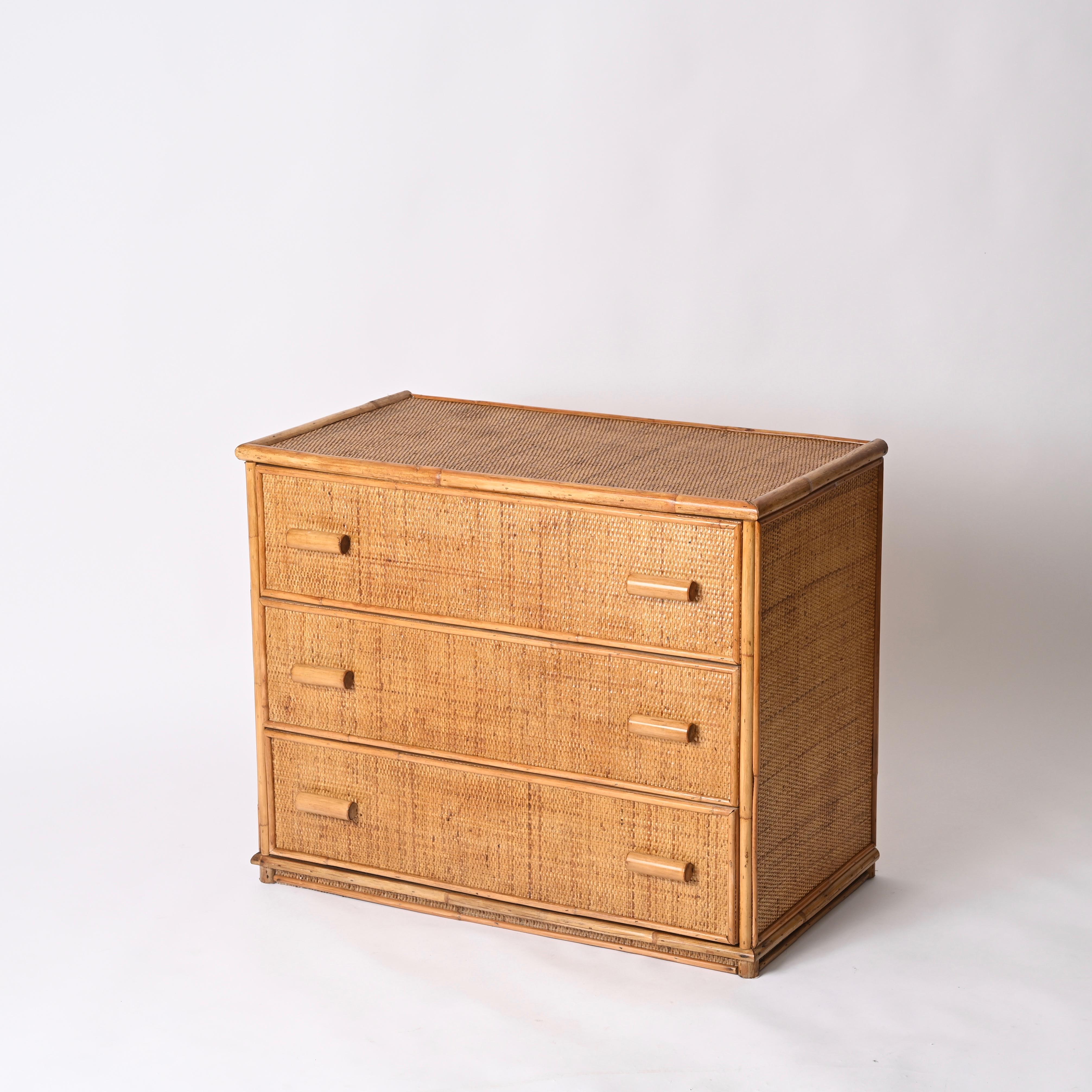 20th Century Mid-Century Three Drawers Chest in Rattan and Bamboo, Italy, 1970s