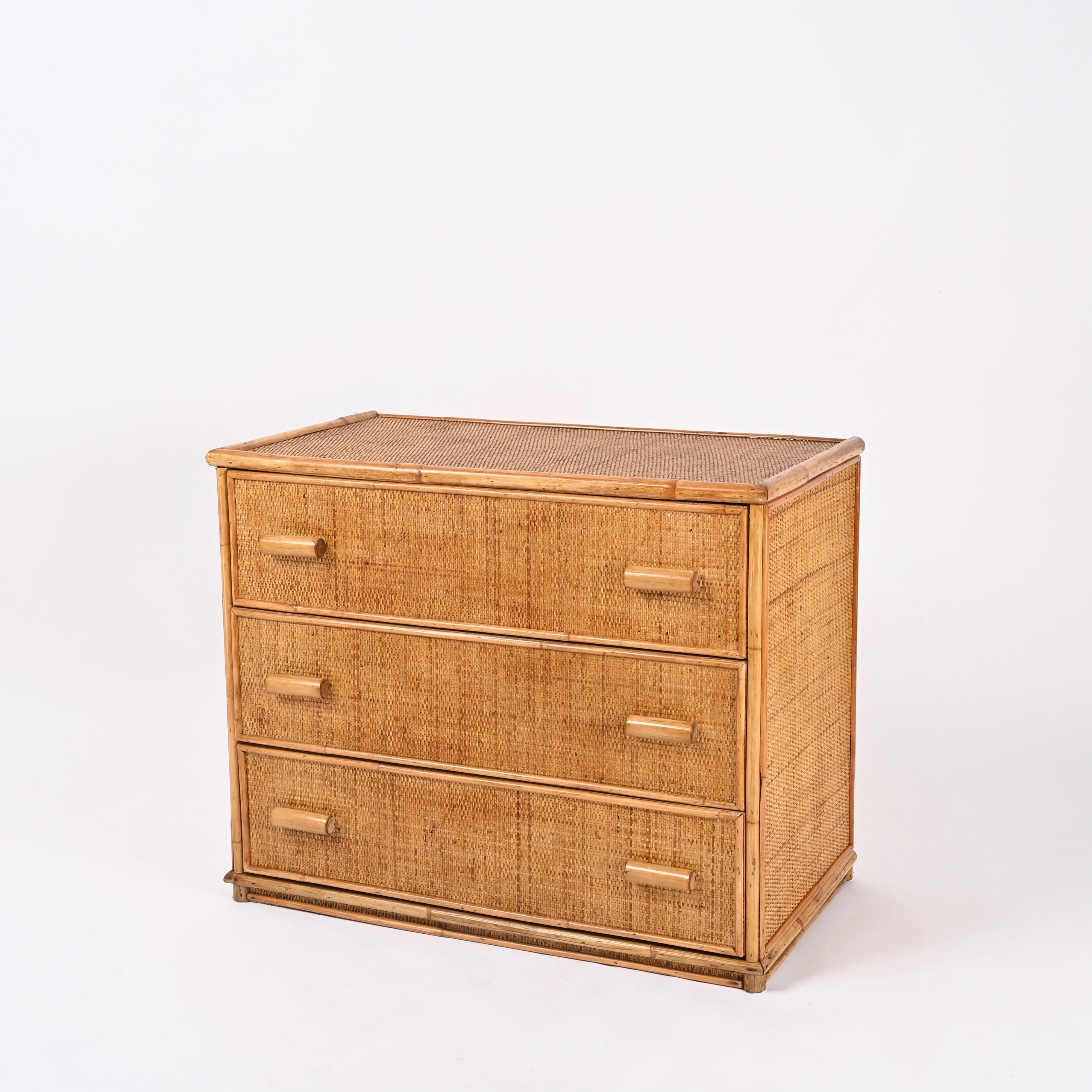 Mid-Century Three Drawers Chest in Rattan and Bamboo, Italy, 1970s 1