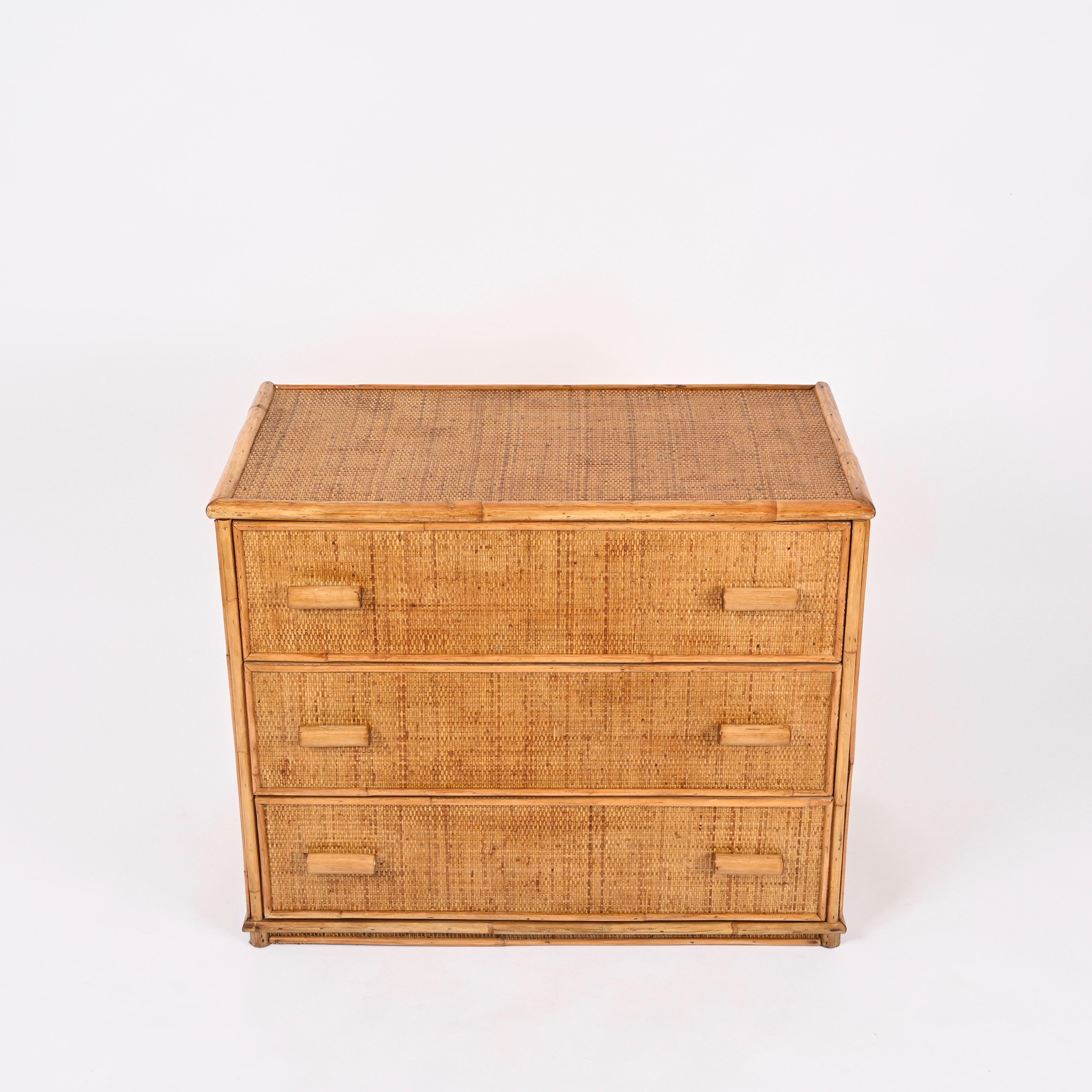 Mid-Century Three Drawers Chest in Rattan and Bamboo, Italy, 1970s 2