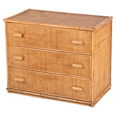 Mid-Century Three Drawers Chest in Rattan and Bamboo, Italy, 1970s