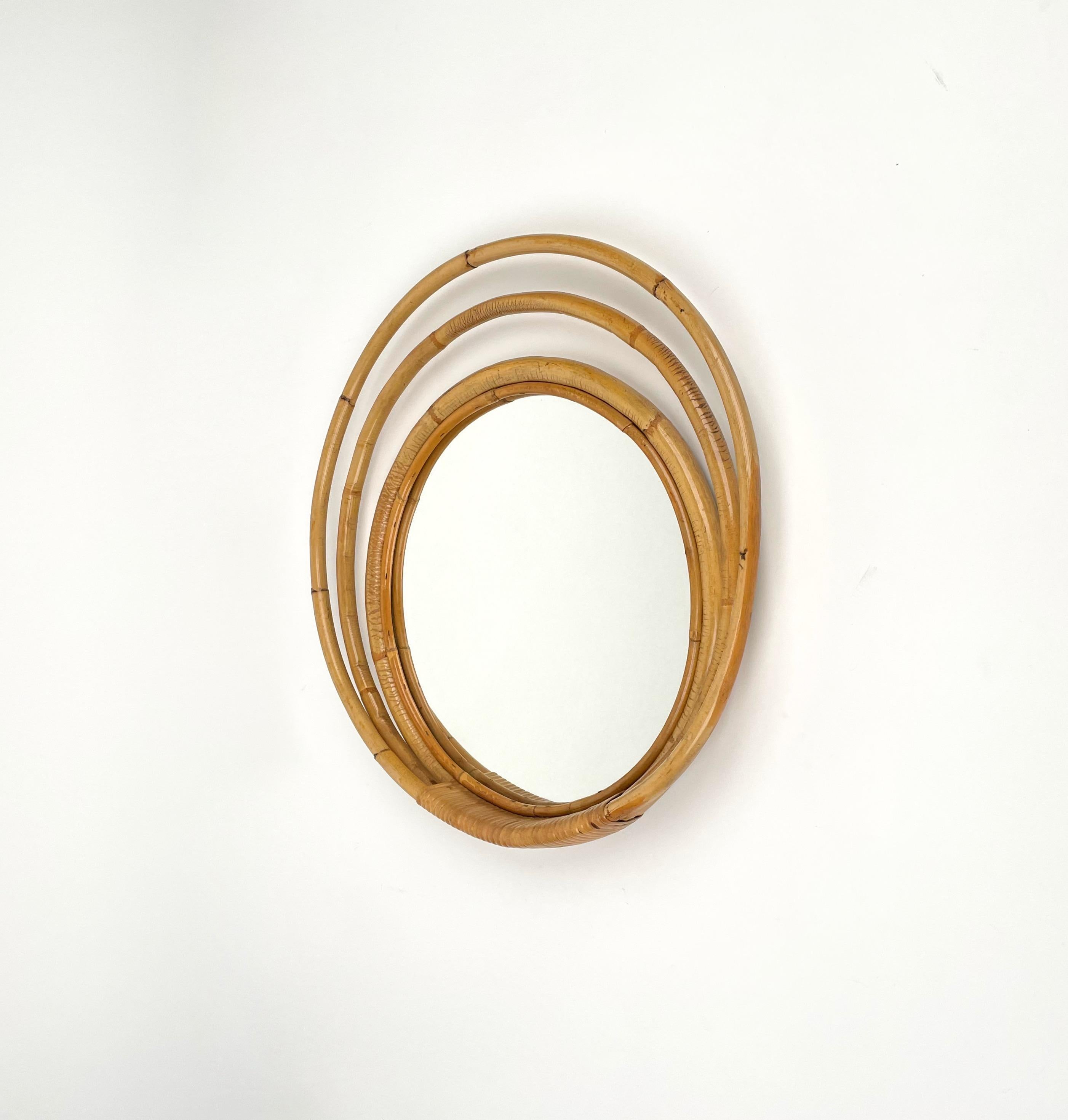 Mid-Century Three Level Round Bamboo & Rattan Wall Mirror, Italy 1960s For Sale 4