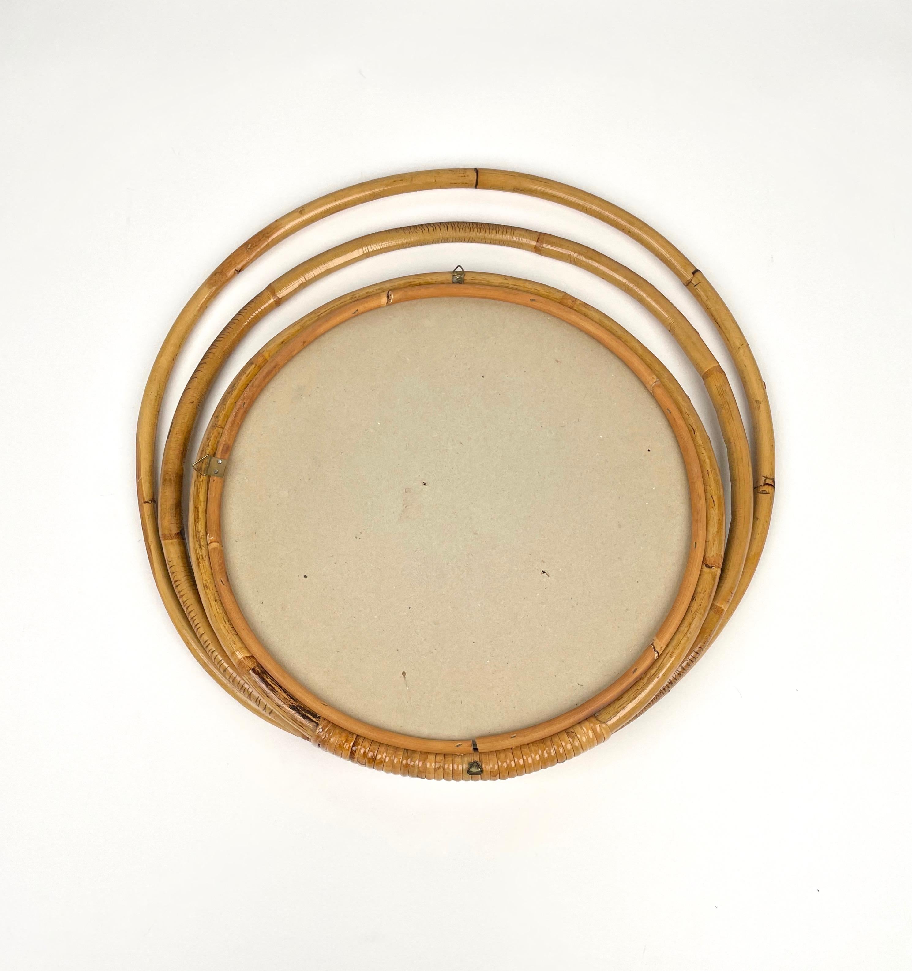 Mid-Century Three Level Round Bamboo & Rattan Wall Mirror, Italy 1960s For Sale 7