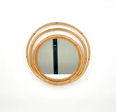 Mid-Century Three Level Round Bamboo & Rattan Wall Mirror, Italy 1960s