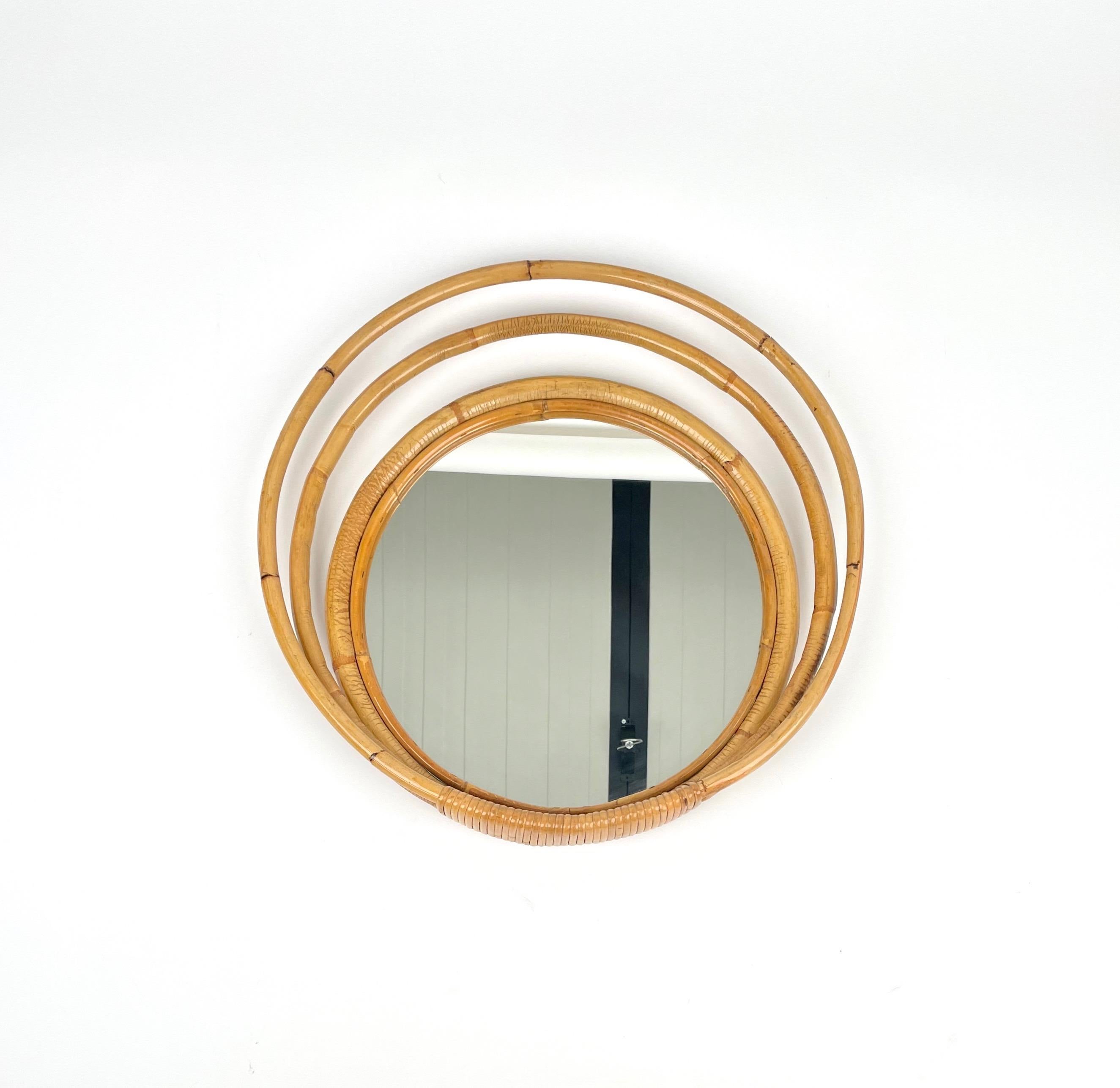 Mid-Century Modern Mid-Century Three Level Round Bamboo & Rattan Wall Mirror, Italy 1960s For Sale
