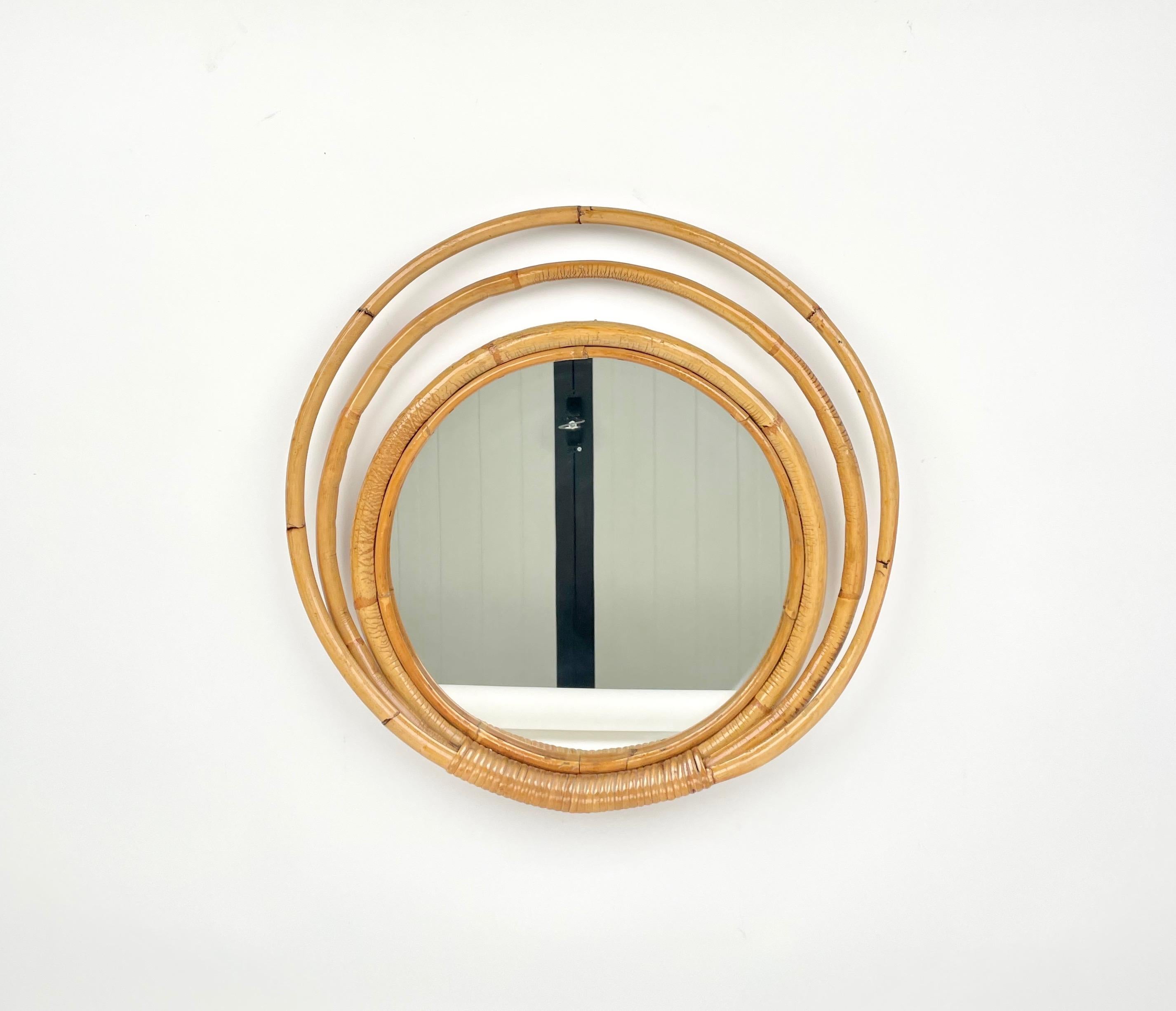 Mid-20th Century Mid-Century Three Level Round Bamboo & Rattan Wall Mirror, Italy 1960s For Sale