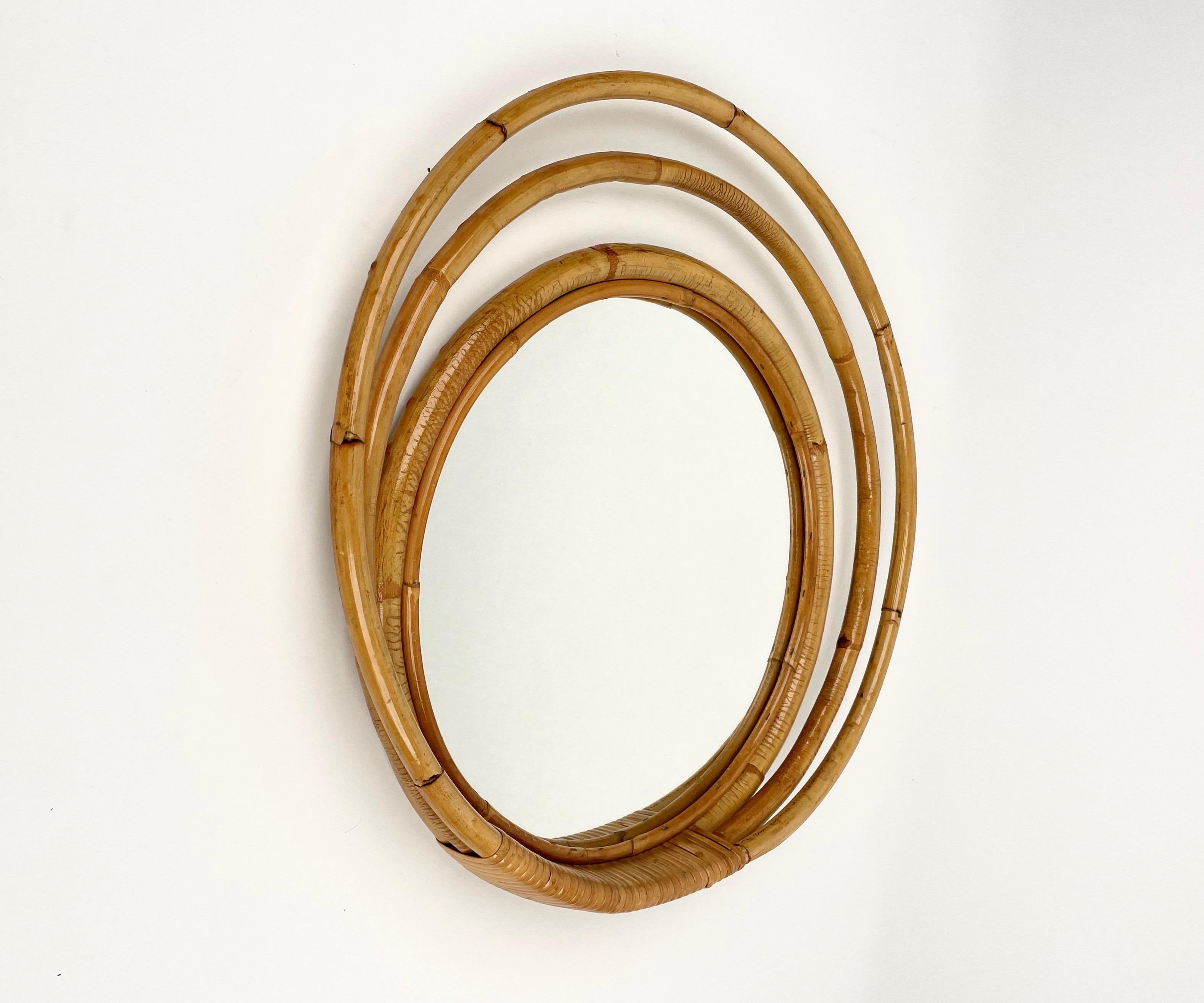 Mid-Century Three Level Round Bamboo & Rattan Wall Mirror, Italy 1960s For Sale 1