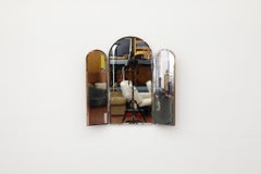 Mid-Century Three Panel Folding Wall Mirror, 1950s, Beveled Glass & Wood