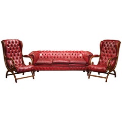 Midcentury Three-Piece English Chesterfield Leather Armchairs and Sofa