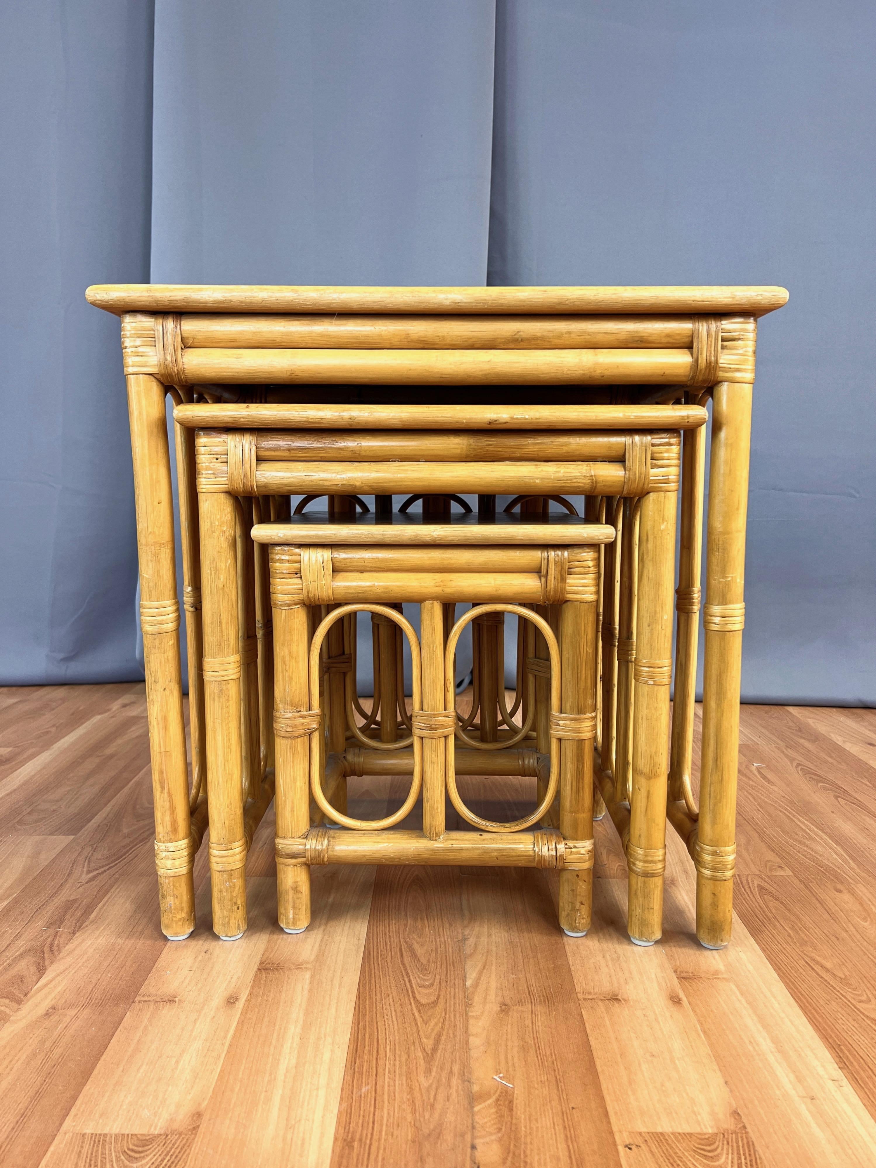 Mid-Century Three-Piece Rattan Nesting Table Set, 1950s en vente 2