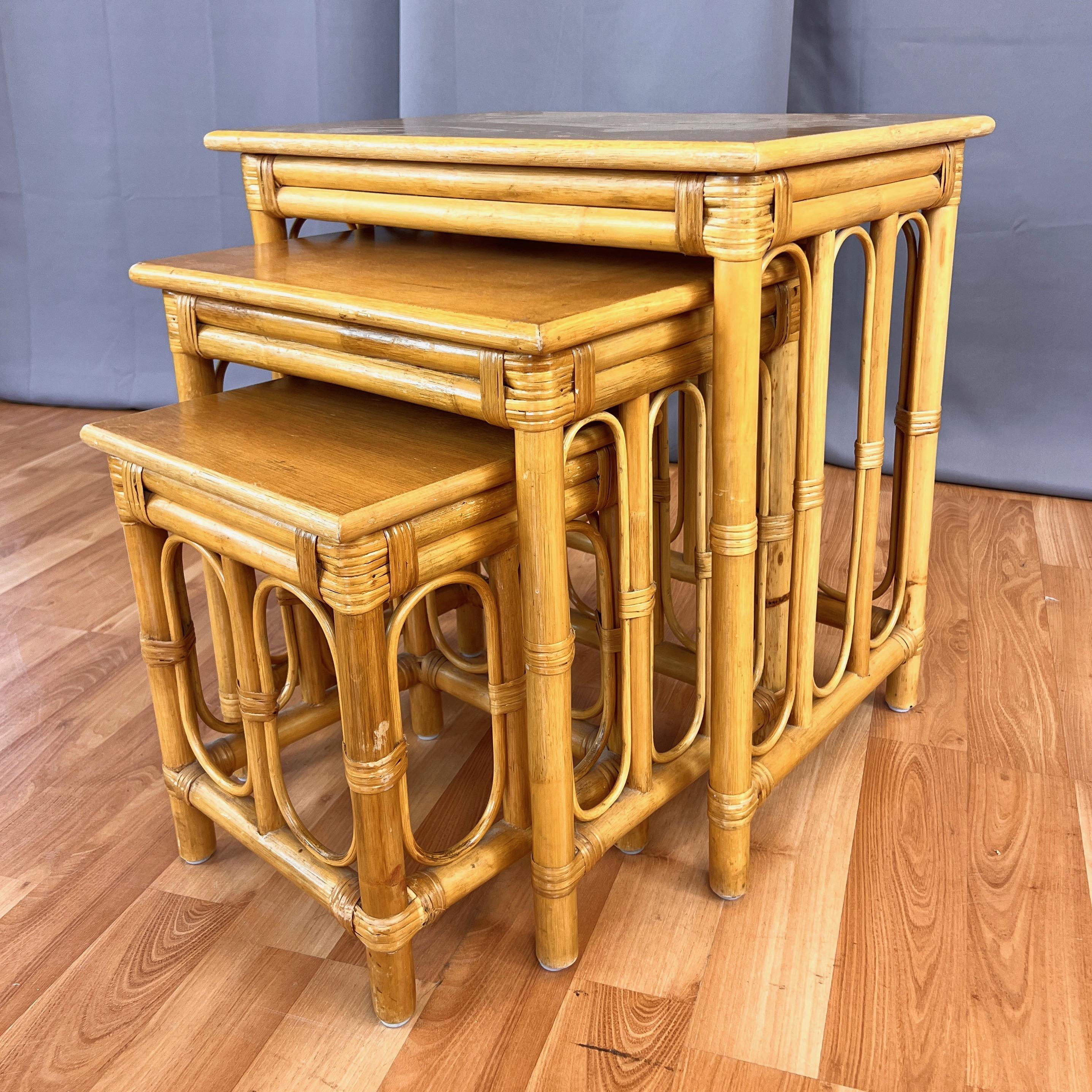 Mid-Century Three-Piece Rattan Nesting Table Set, 1950s en vente 3