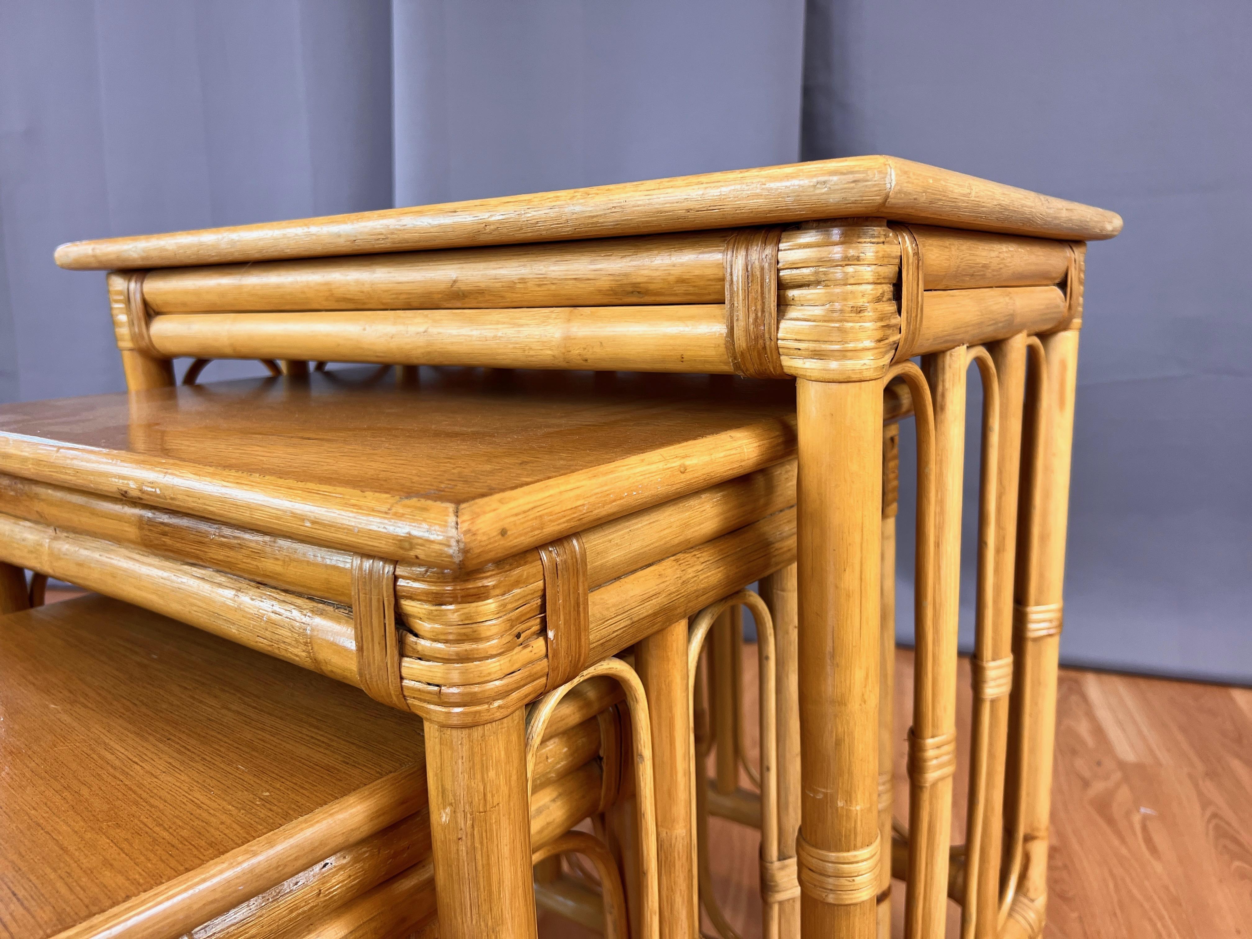 Mid-Century Three-Piece Rattan Nesting Table Set, 1950s en vente 5