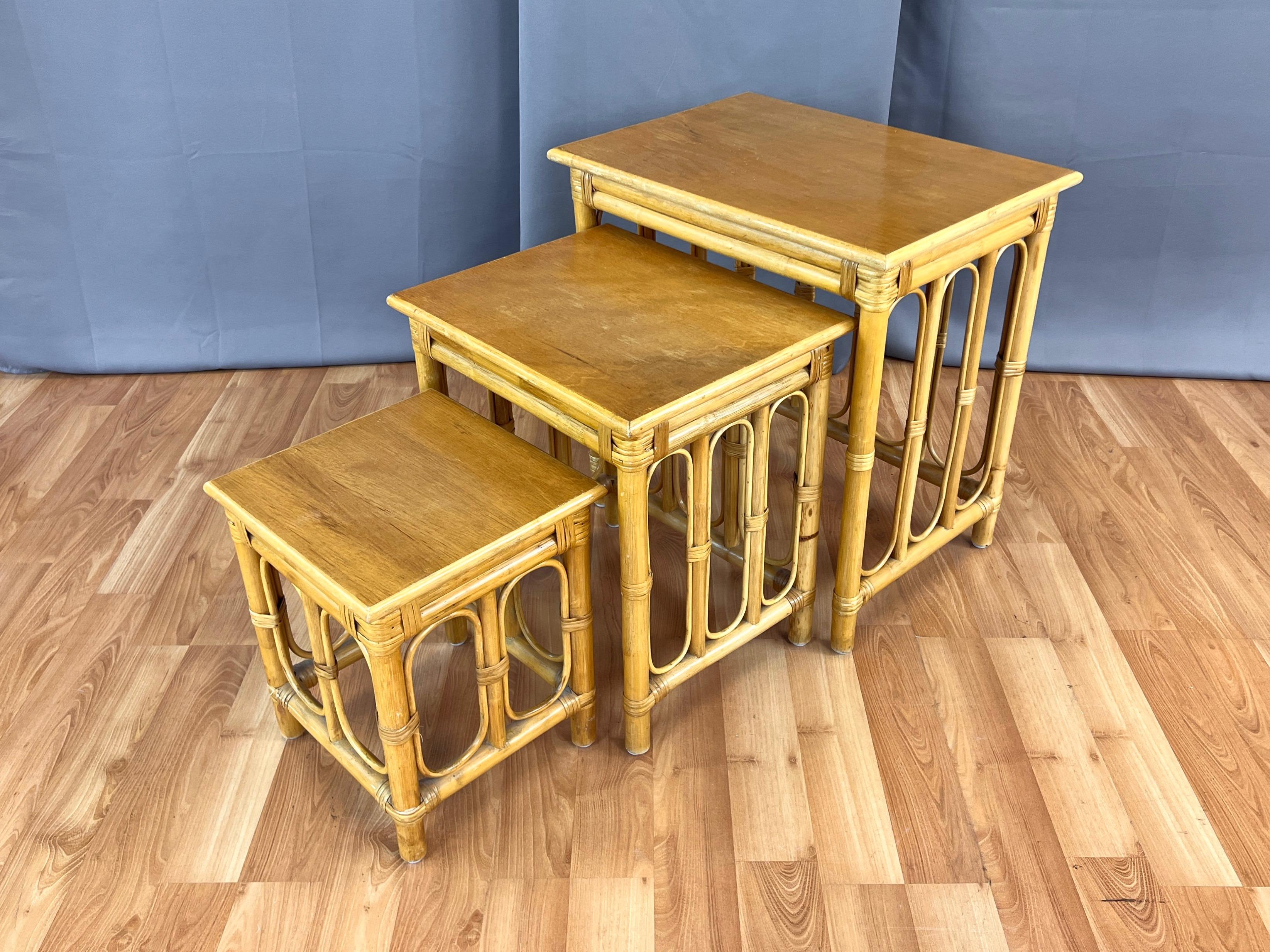 Mid-Century Modern Mid-Century Three-Piece Rattan Nesting Table Set, 1950s en vente