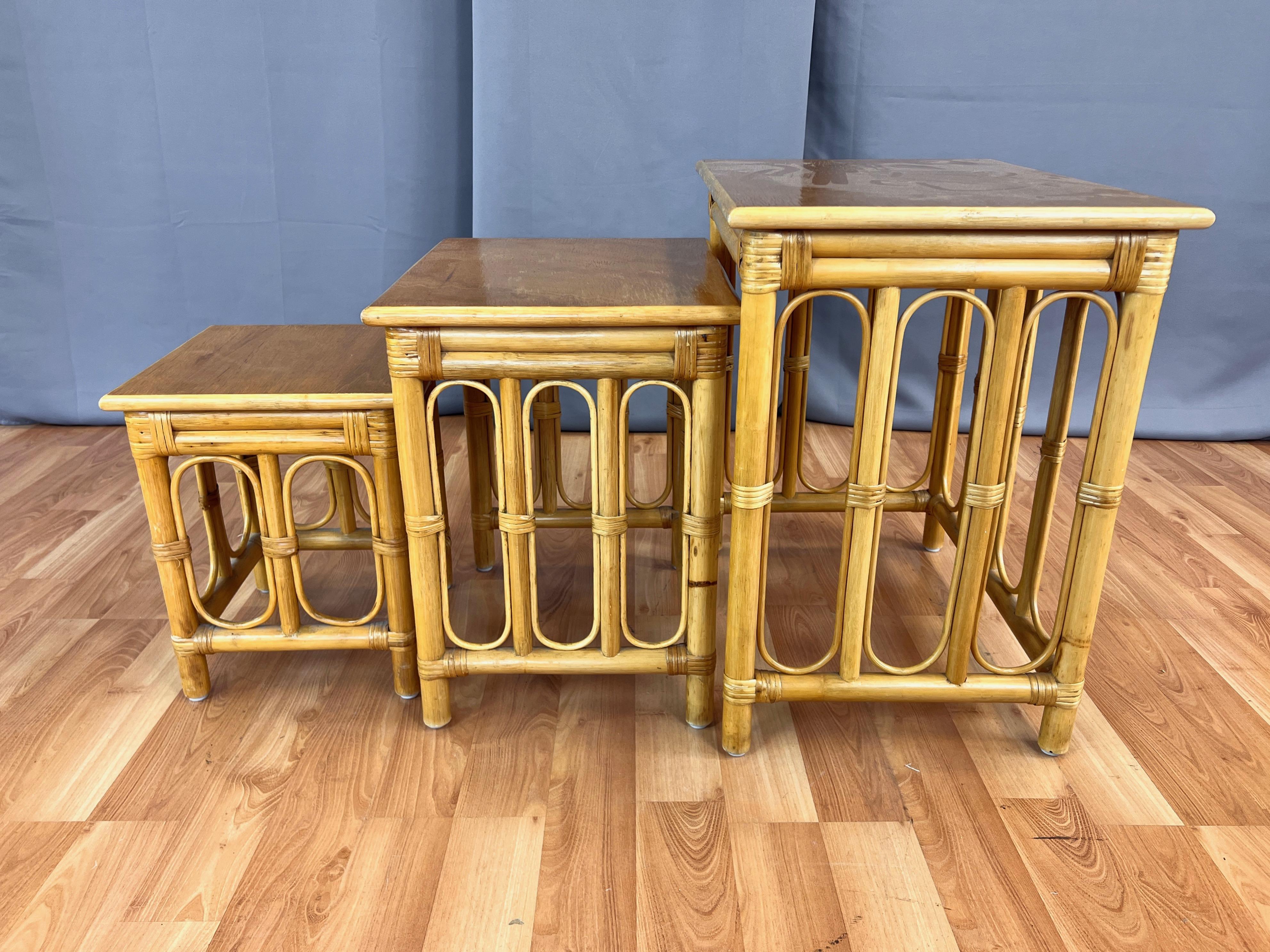 Placage Mid-Century Three-Piece Rattan Nesting Table Set, 1950s en vente
