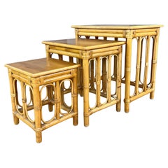 Mid-Century Three-Piece Rattan Nesting Table Set, 1950s