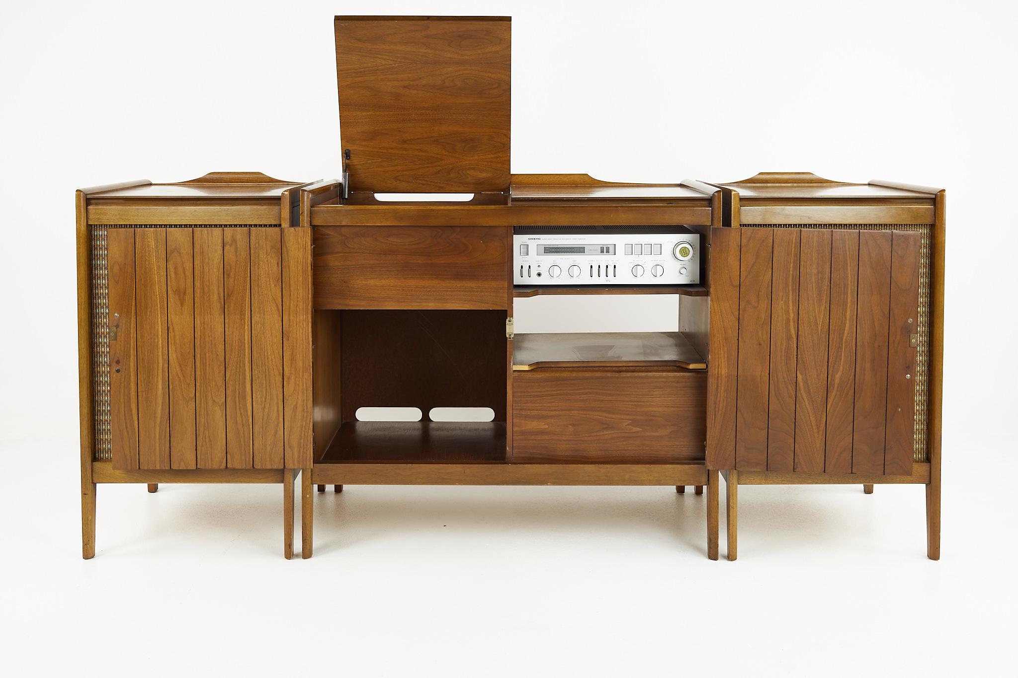 Wood Mid Century Three Piece Stereo Console and Speakers