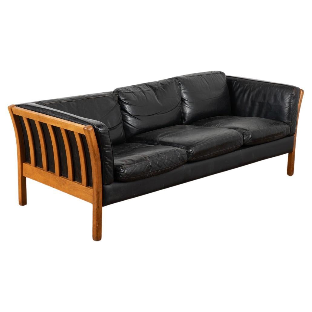 Mid Century Three Seat Black Leather Sofa, Stouby of Denmark circa 1970 For Sale
