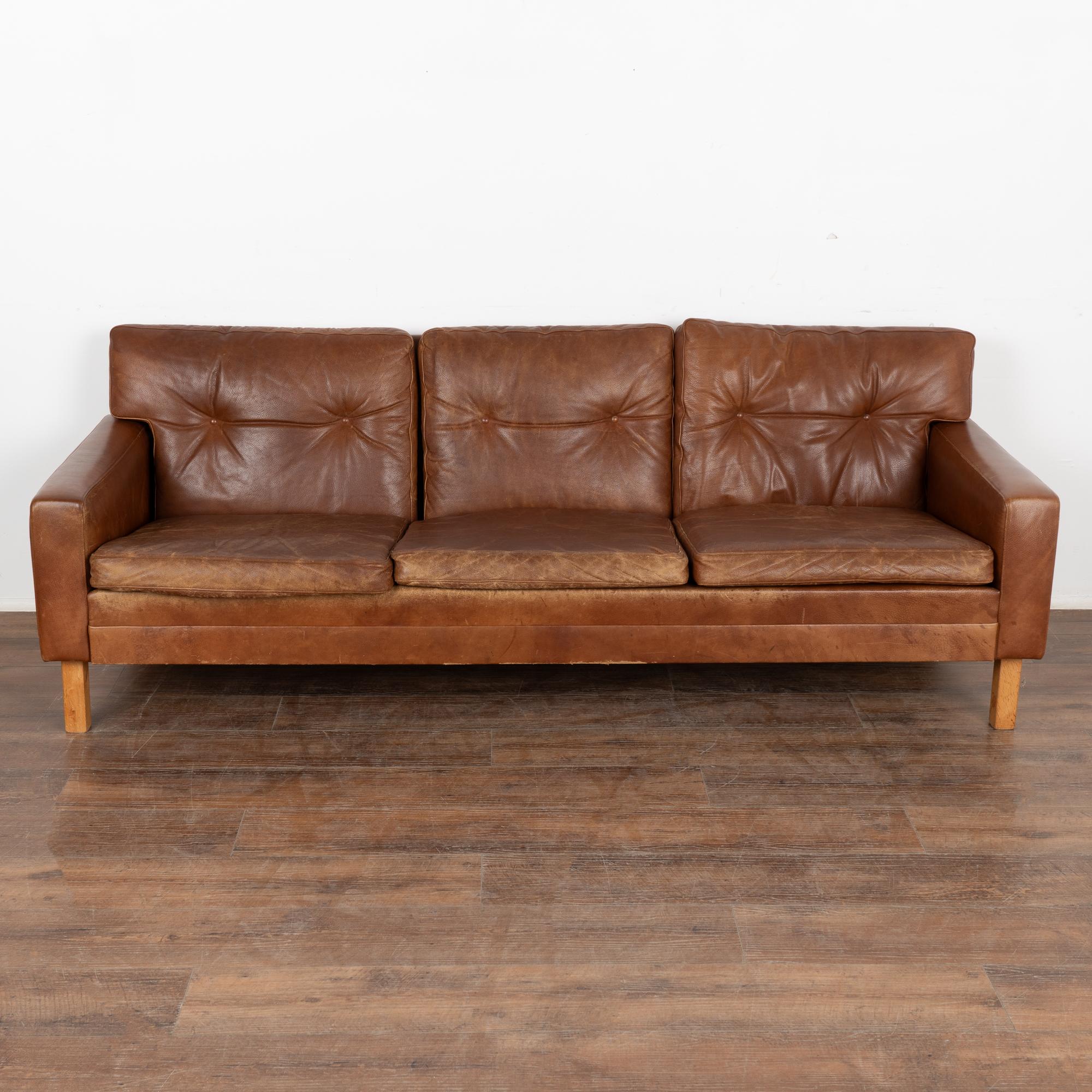 Mid-Century Modern Mid Century Three Seat Brown Leather Sofa Denmark circa 1960 For Sale