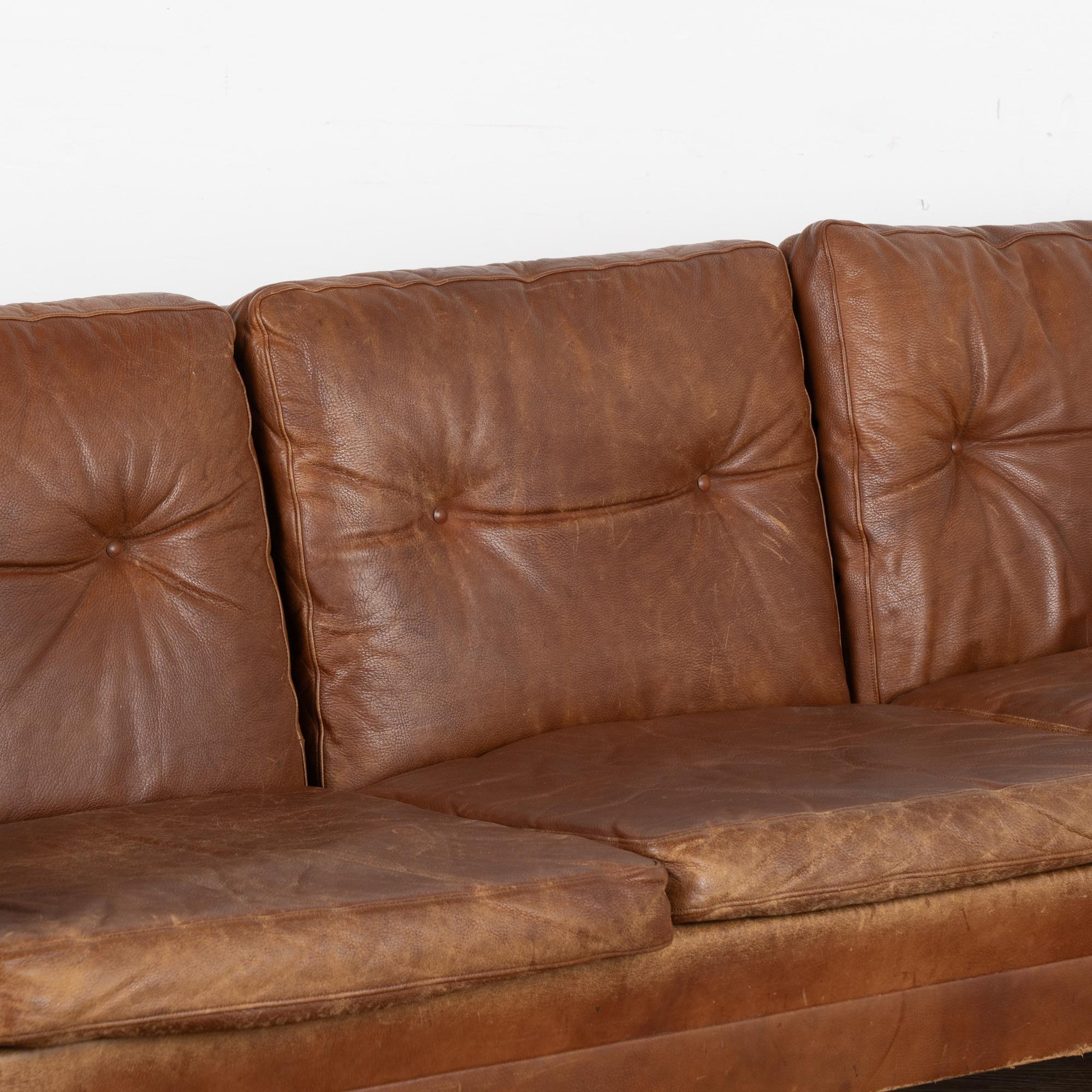 20th Century Mid Century Three Seat Brown Leather Sofa Denmark circa 1960 For Sale