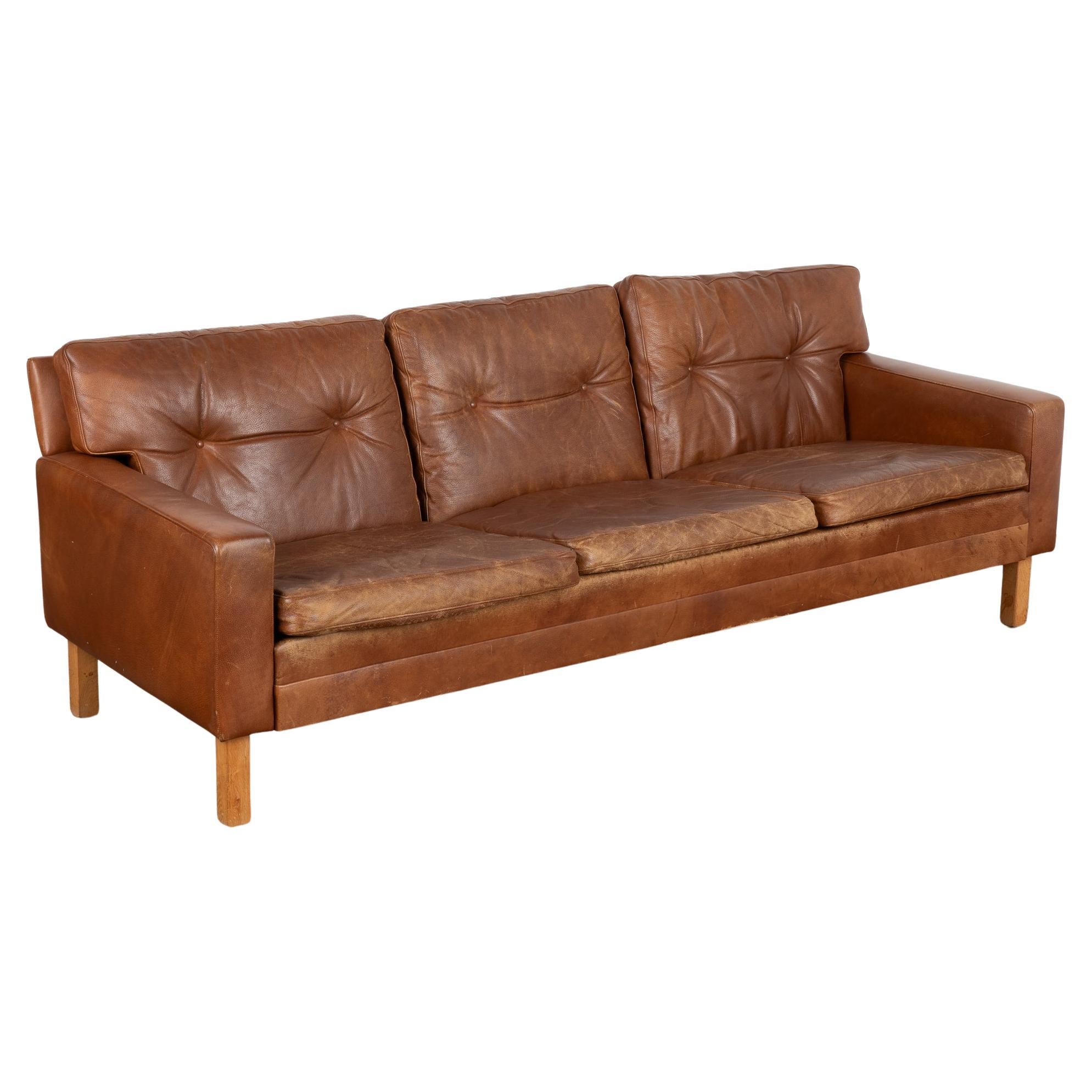 Mid Century Three Seat Brown Leather Sofa Denmark circa 1960 For Sale
