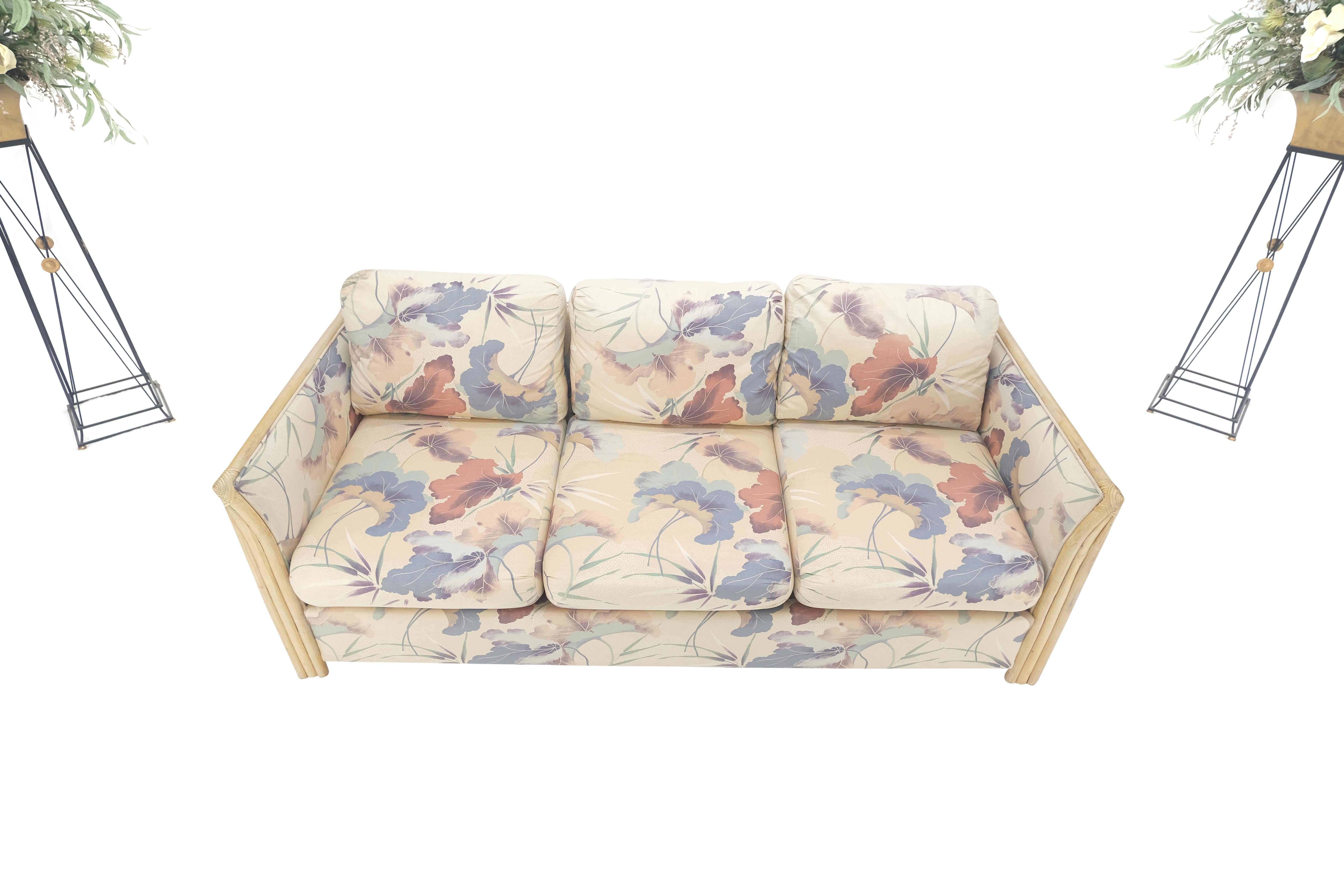 Lacquered Mid Century Three Seater Bamboo Frame Flowered Upholstery Sofa Couch  For Sale