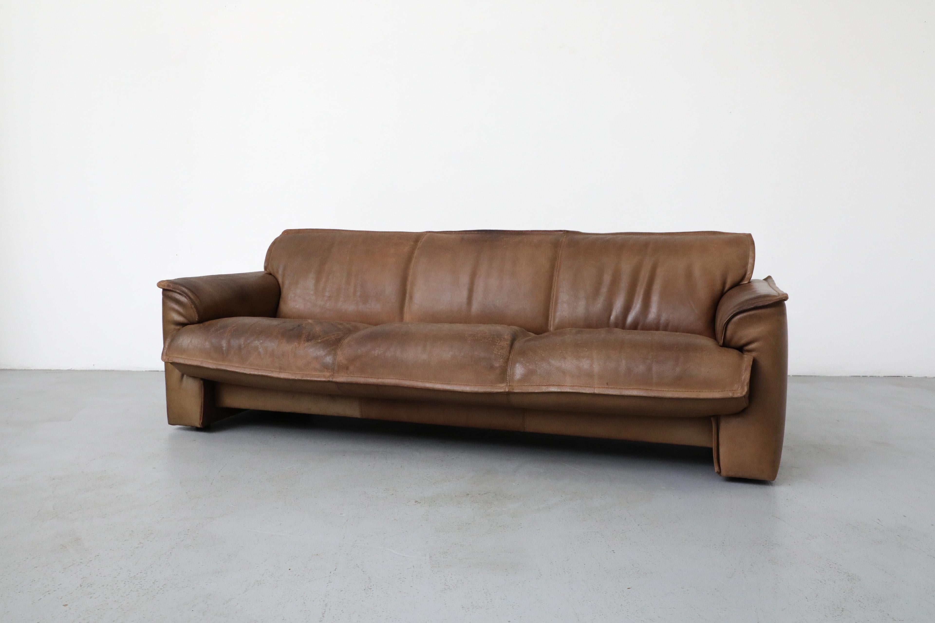 Mid-Century Modern Mid-Century Three Seater Brown Buffalo Leather Sofa by Leolux
