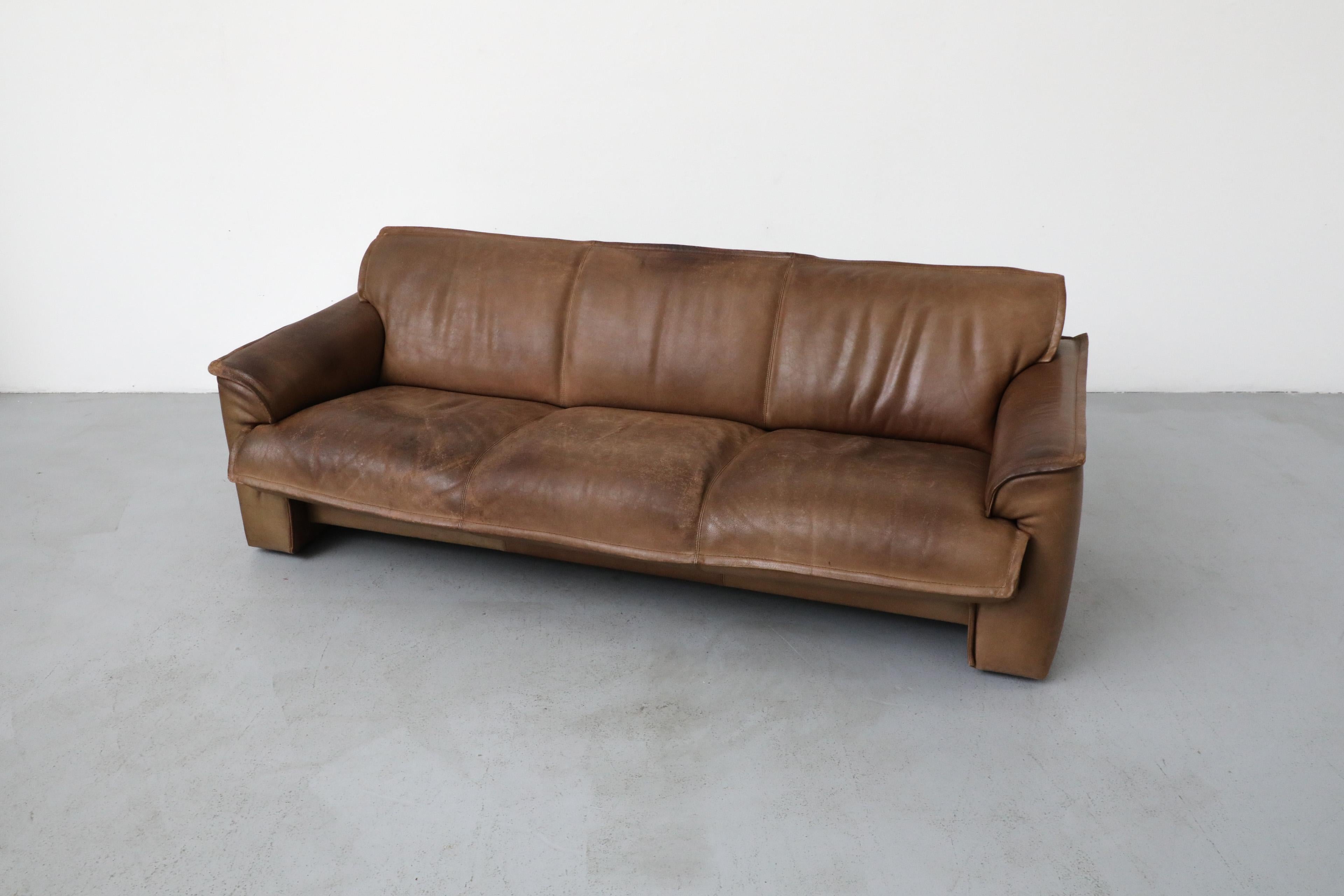 Dutch Mid-Century Three Seater Brown Buffalo Leather Sofa by Leolux