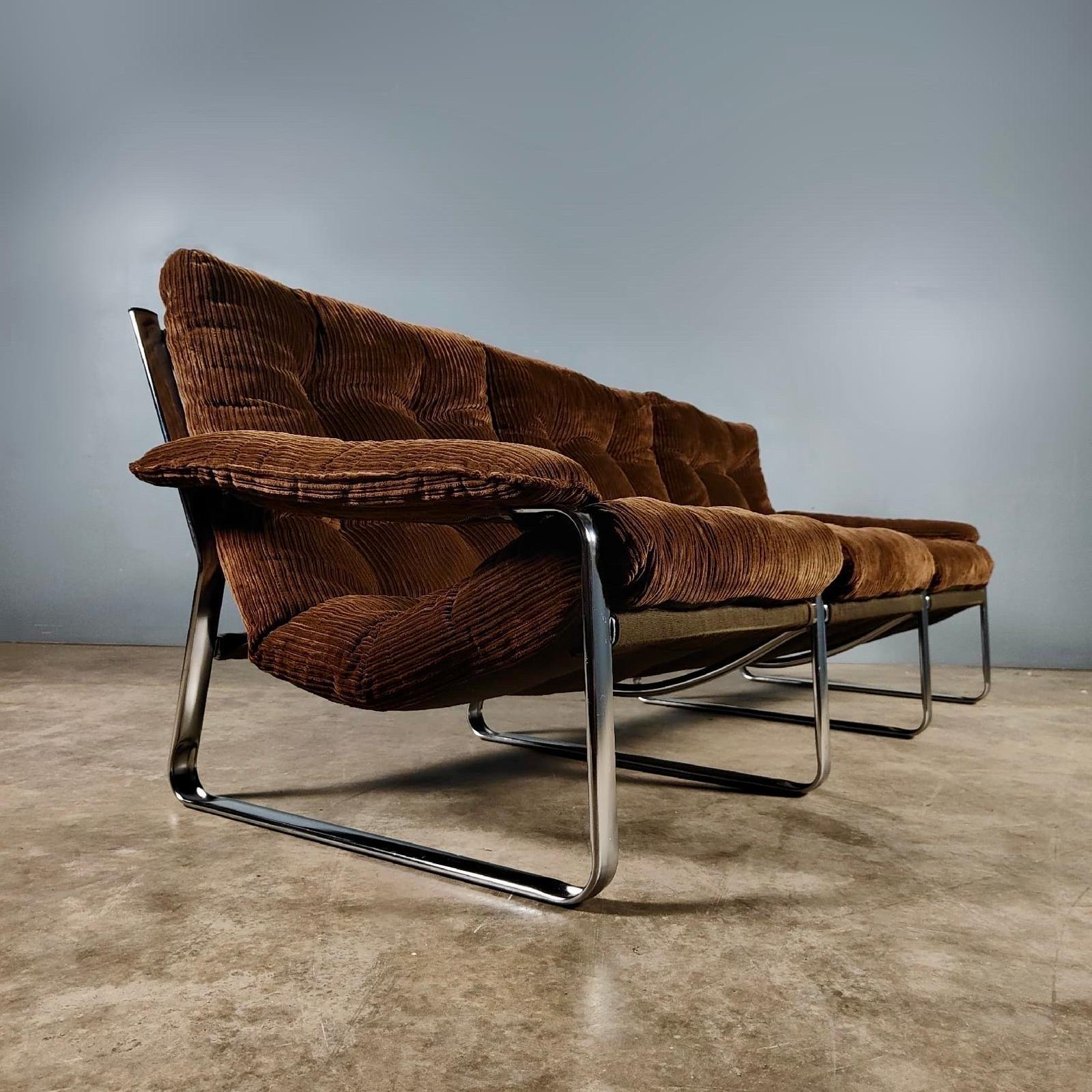 Mid-Century Modern Mid Century Three Seater Brown Corduroy Sling Sofa By Gillis Lundgren For Ikea