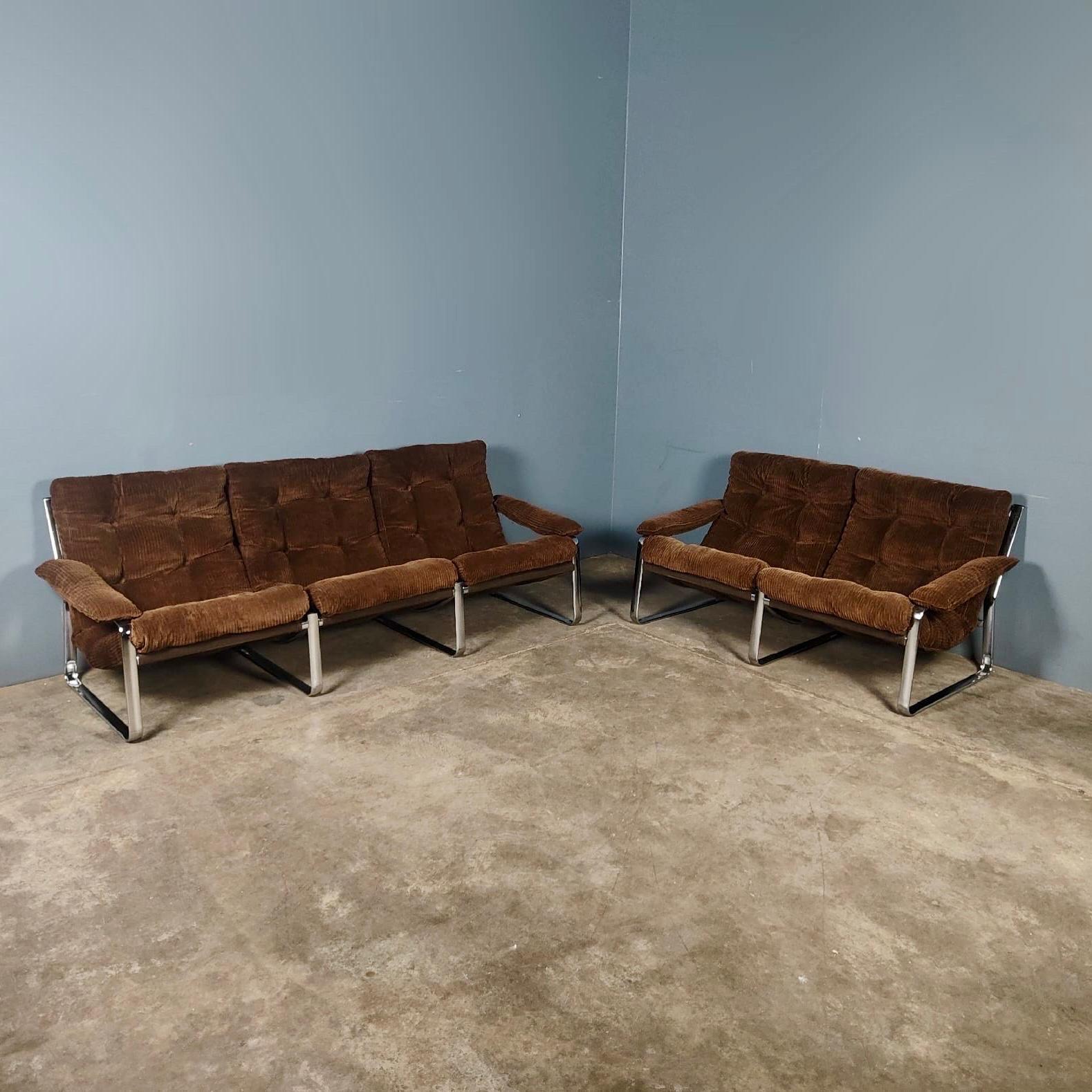 Steel Mid Century Three Seater Brown Corduroy Sling Sofa By Gillis Lundgren For Ikea
