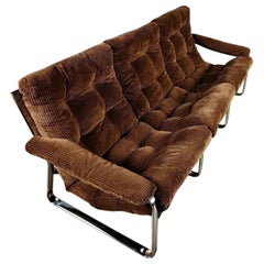 Mid Century Three Seater Brown Corduroy Sling Sofa By Gillis Lundgren For Ikea